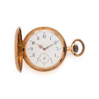 14K YELLOW GOLD HUNTER CASE POCKET WATCH AND FOB CHAIN