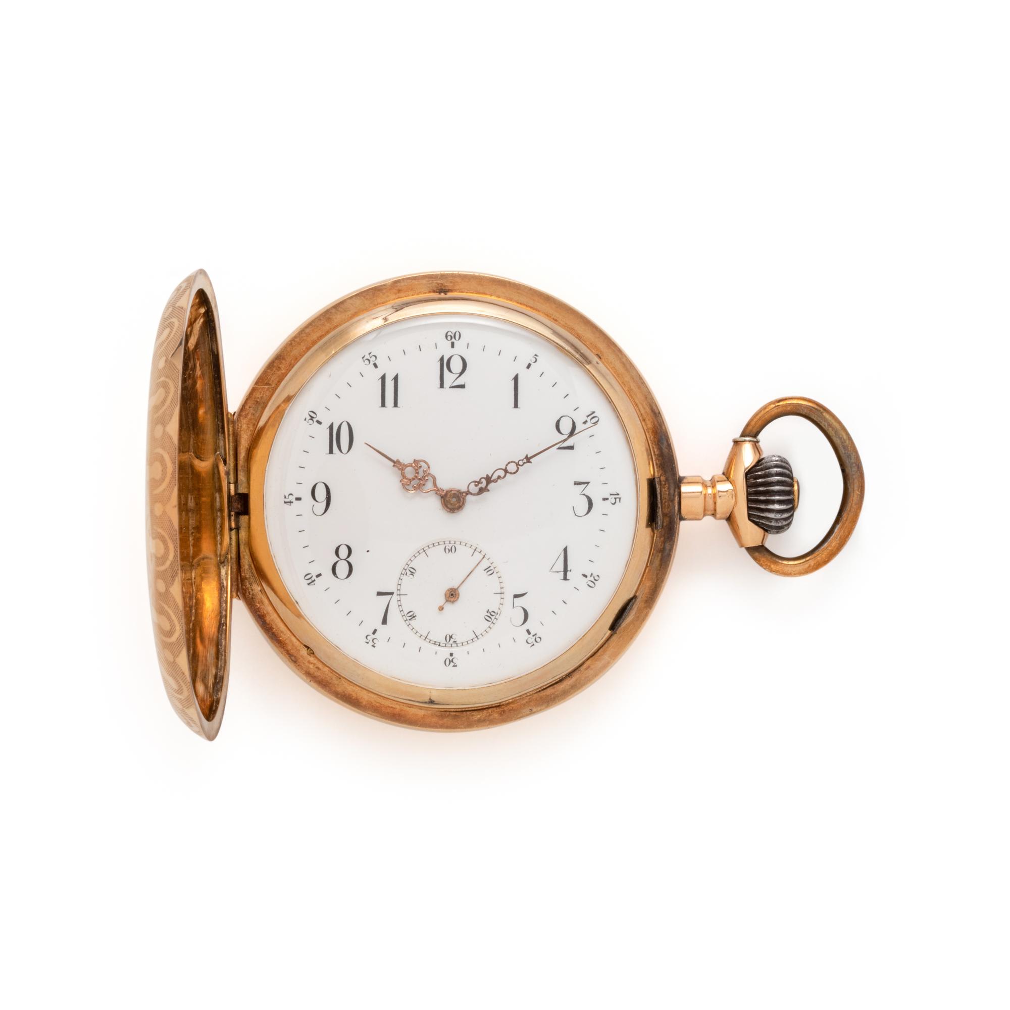 14K YELLOW GOLD HUNTER CASE POCKET WATCH AND FOB CHAIN
