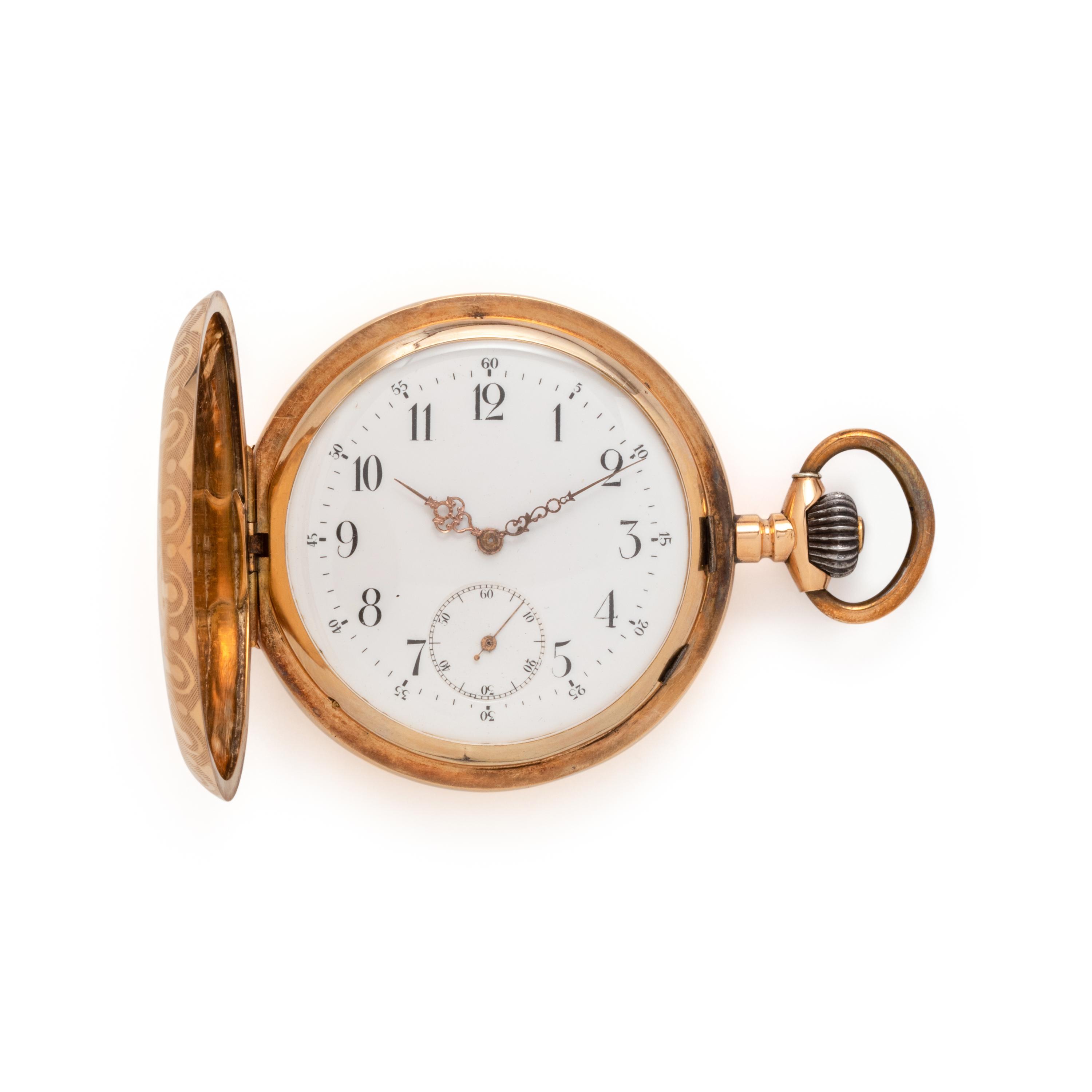 14K YELLOW GOLD HUNTER CASE POCKET WATCH AND FOB CHAIN
