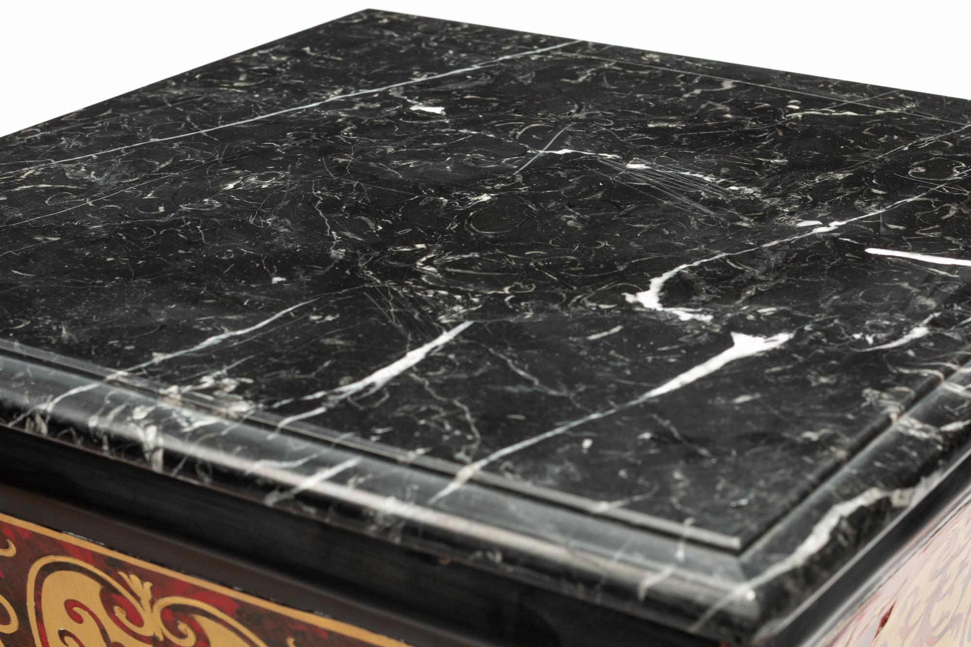 A Pair of Louis XIV Style Gilt Bronze Mounted Boulle Marquetry Marble-Top Pedestals