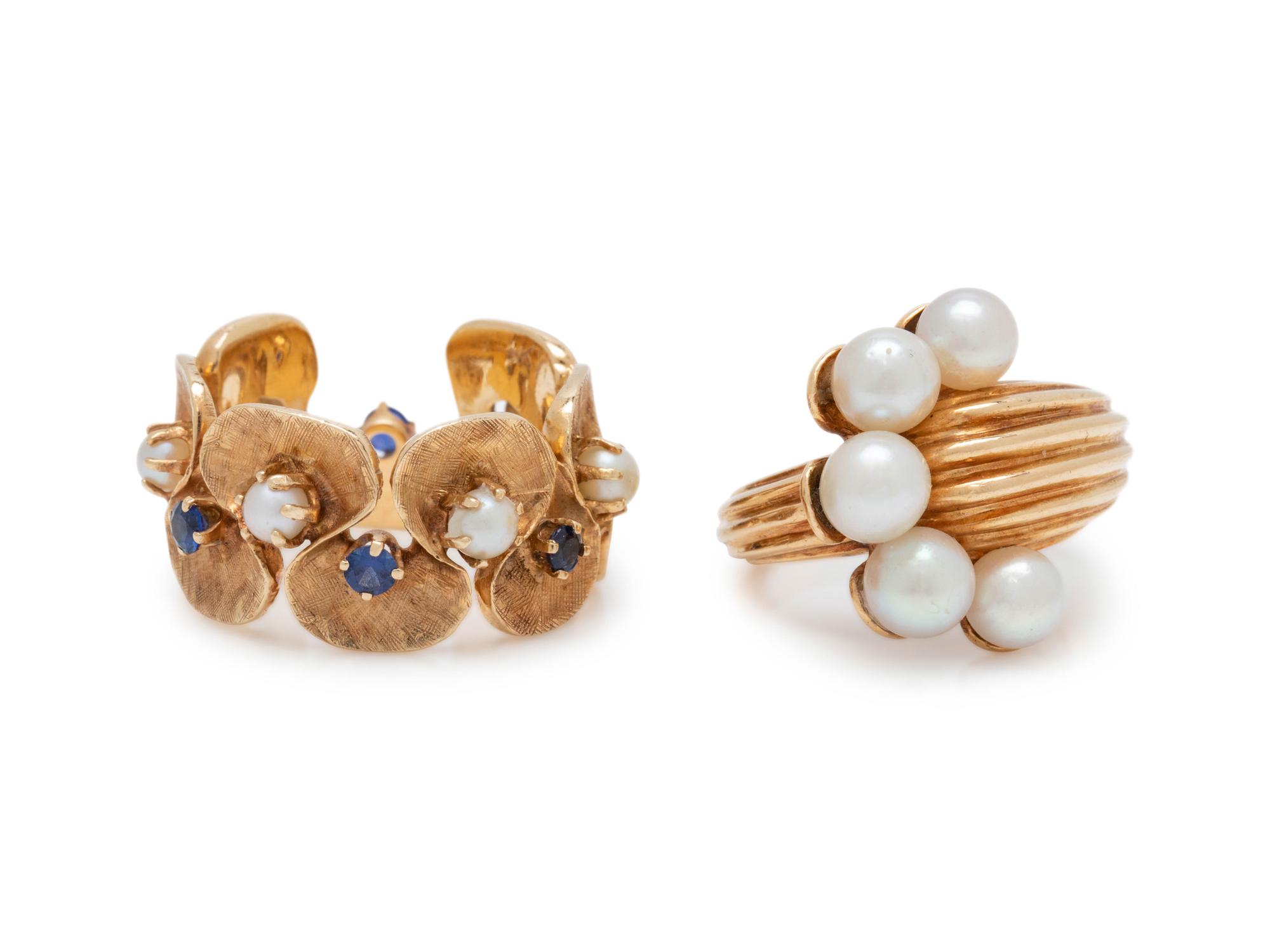 COLLECTION OF YELLOW GOLD, CULTURED PEARL AND SAPPHIRE RINGS