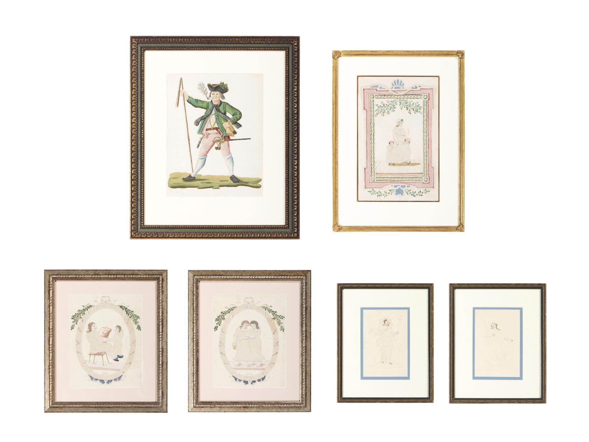 Six Figural Pinprick and Watercolor Pictures