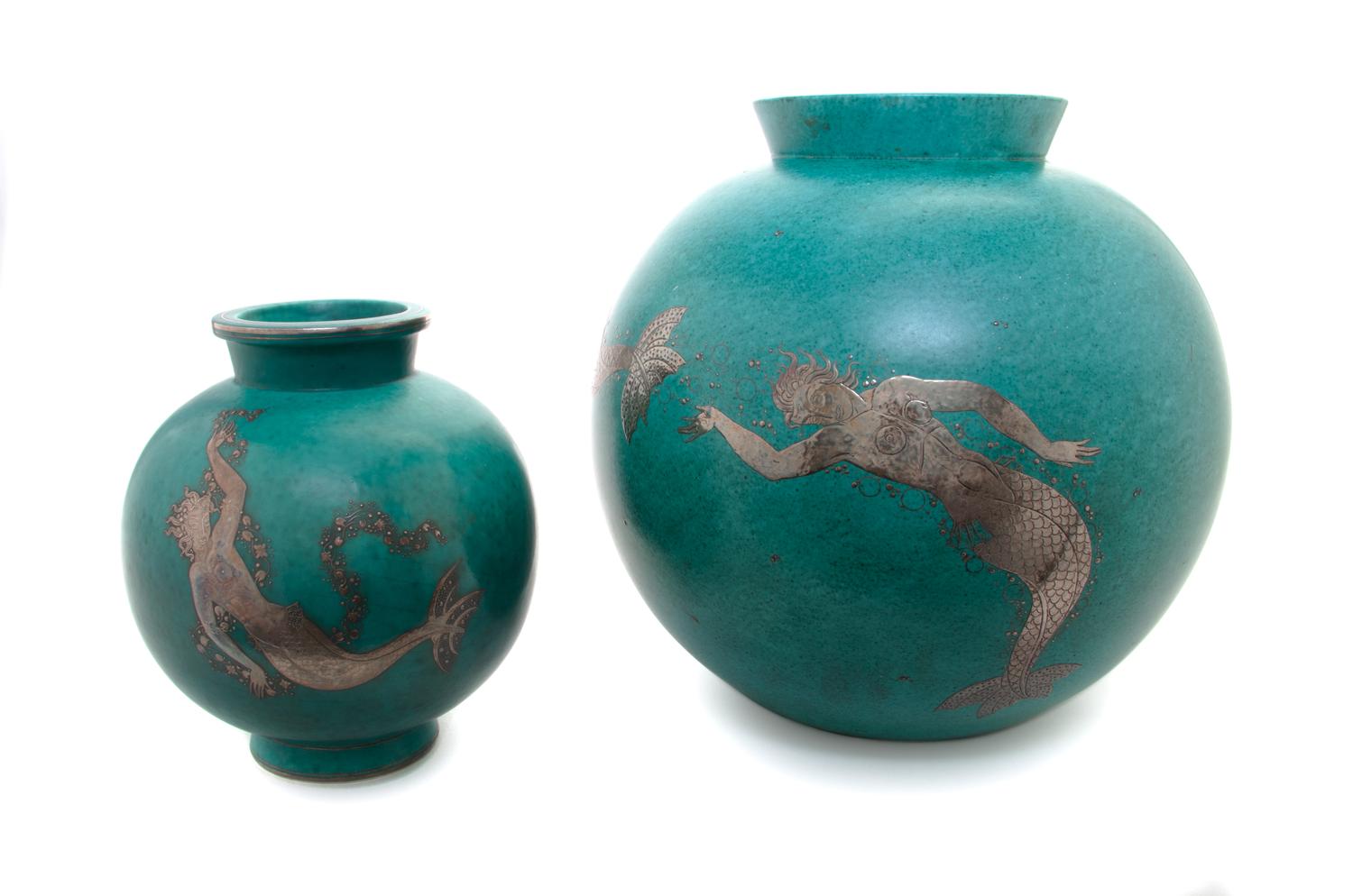 Two Gustavsberg Argenta Vases Height of taller 12 inches. — WILHELM KAGE, 1930
