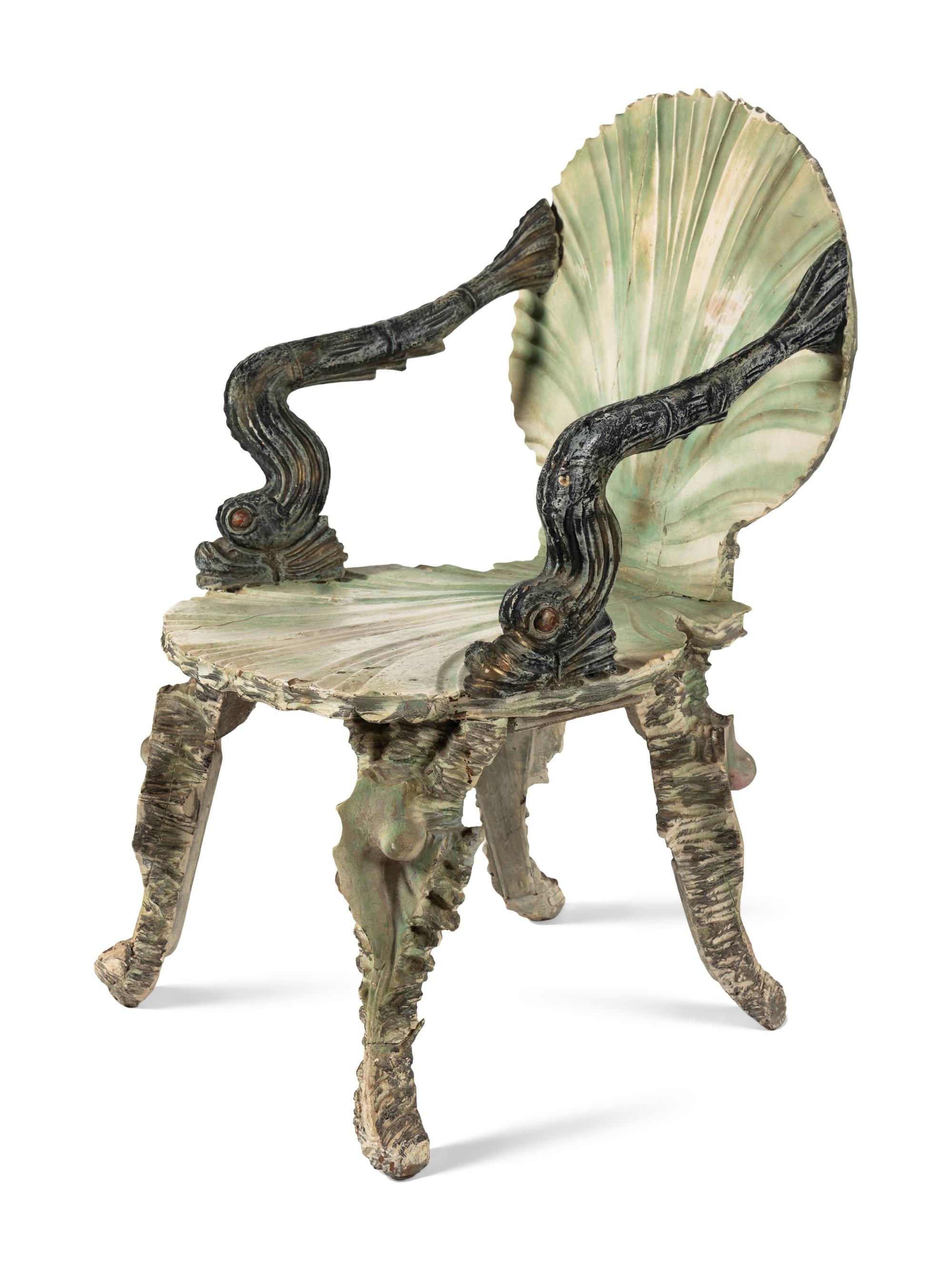 A Pair of Venetian Style Painted "Grotto" Armchairs