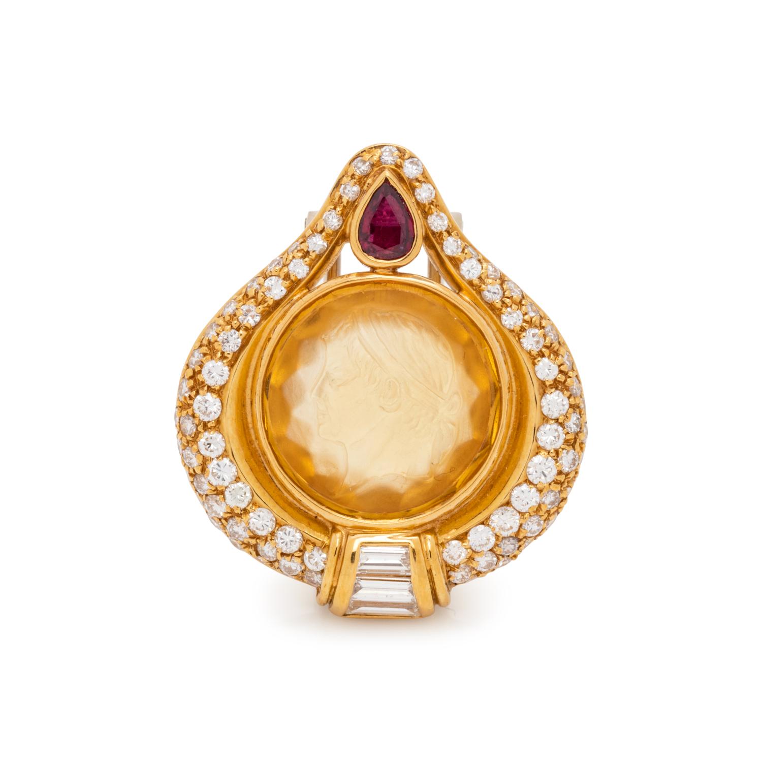 CITRINE CAMEO, RUBY AND DIAMOND SLIDE PENDANT/BROOCH