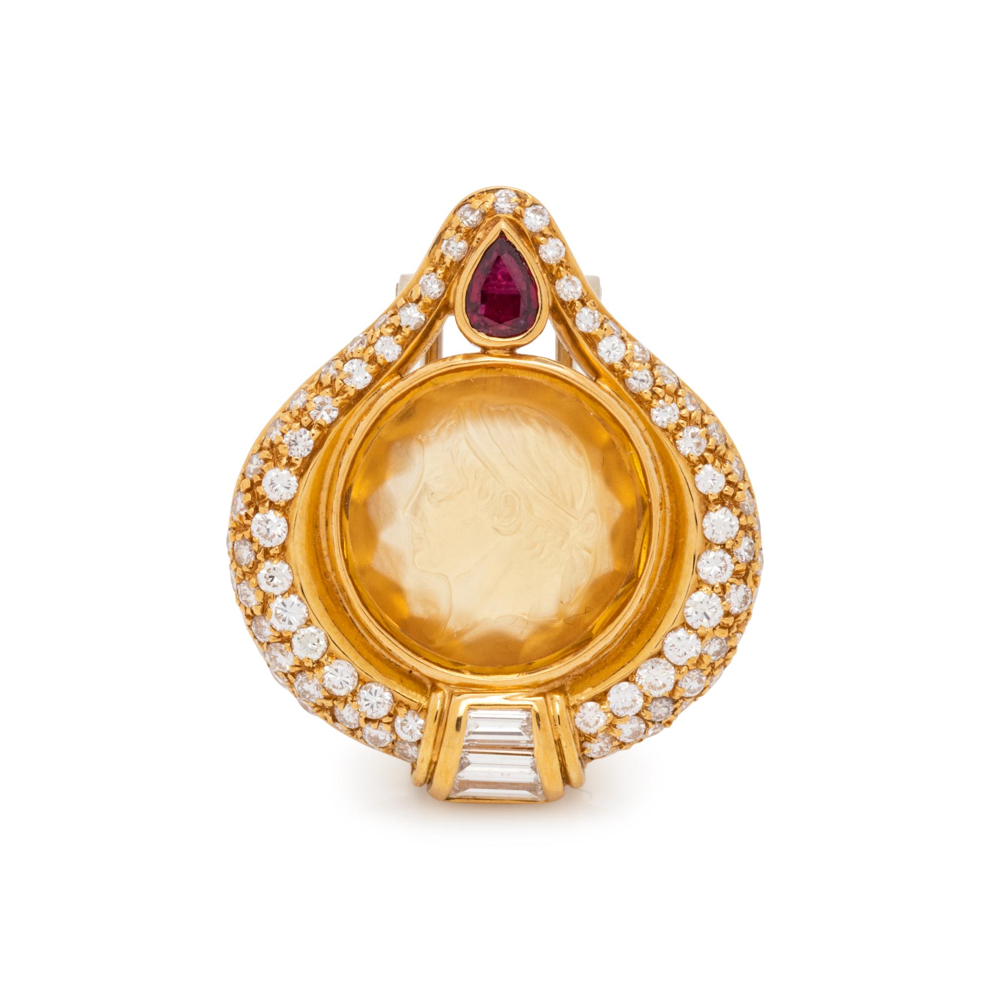 CITRINE CAMEO, RUBY AND DIAMOND SLIDE PENDANT/BROOCH