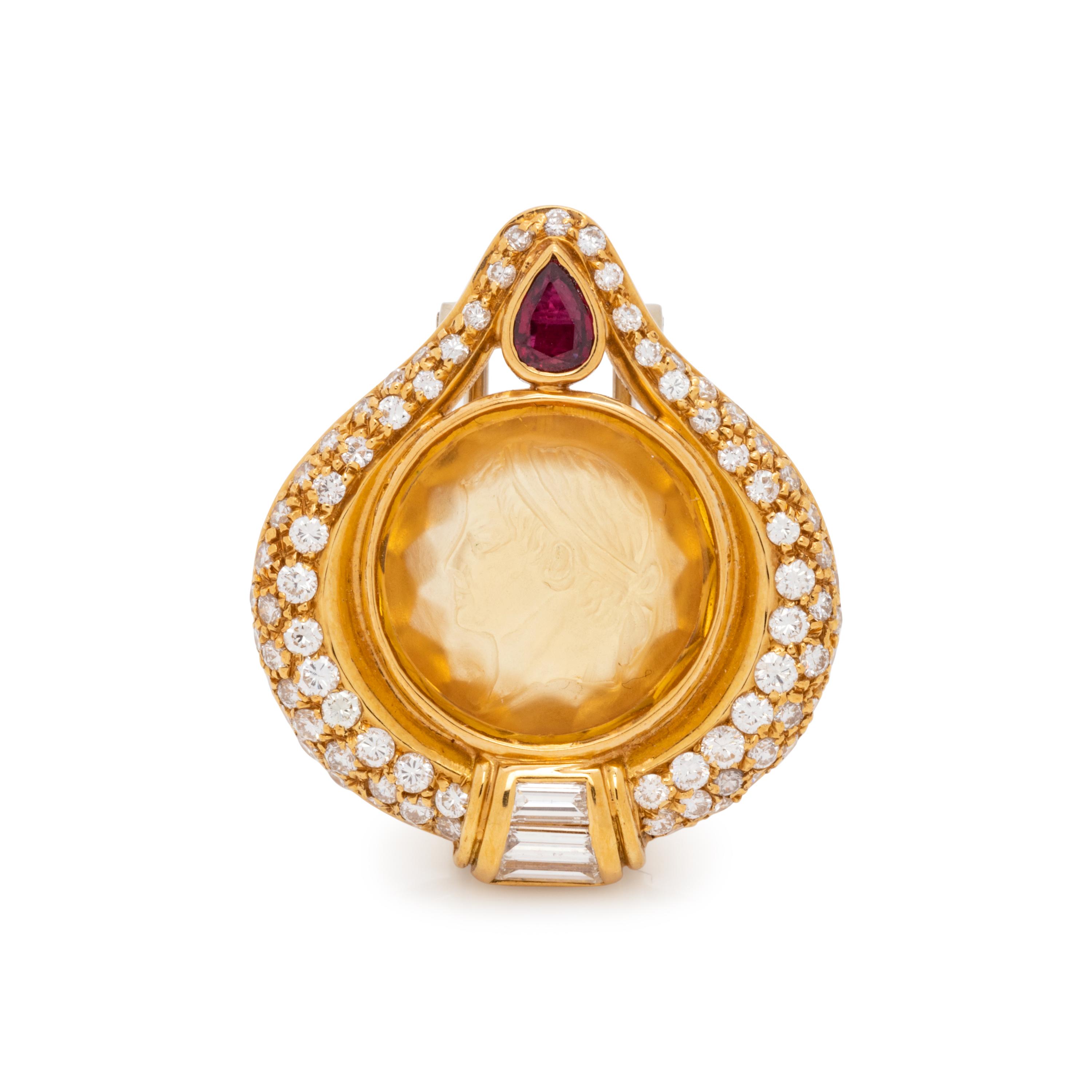 CITRINE CAMEO, RUBY AND DIAMOND SLIDE PENDANT/BROOCH