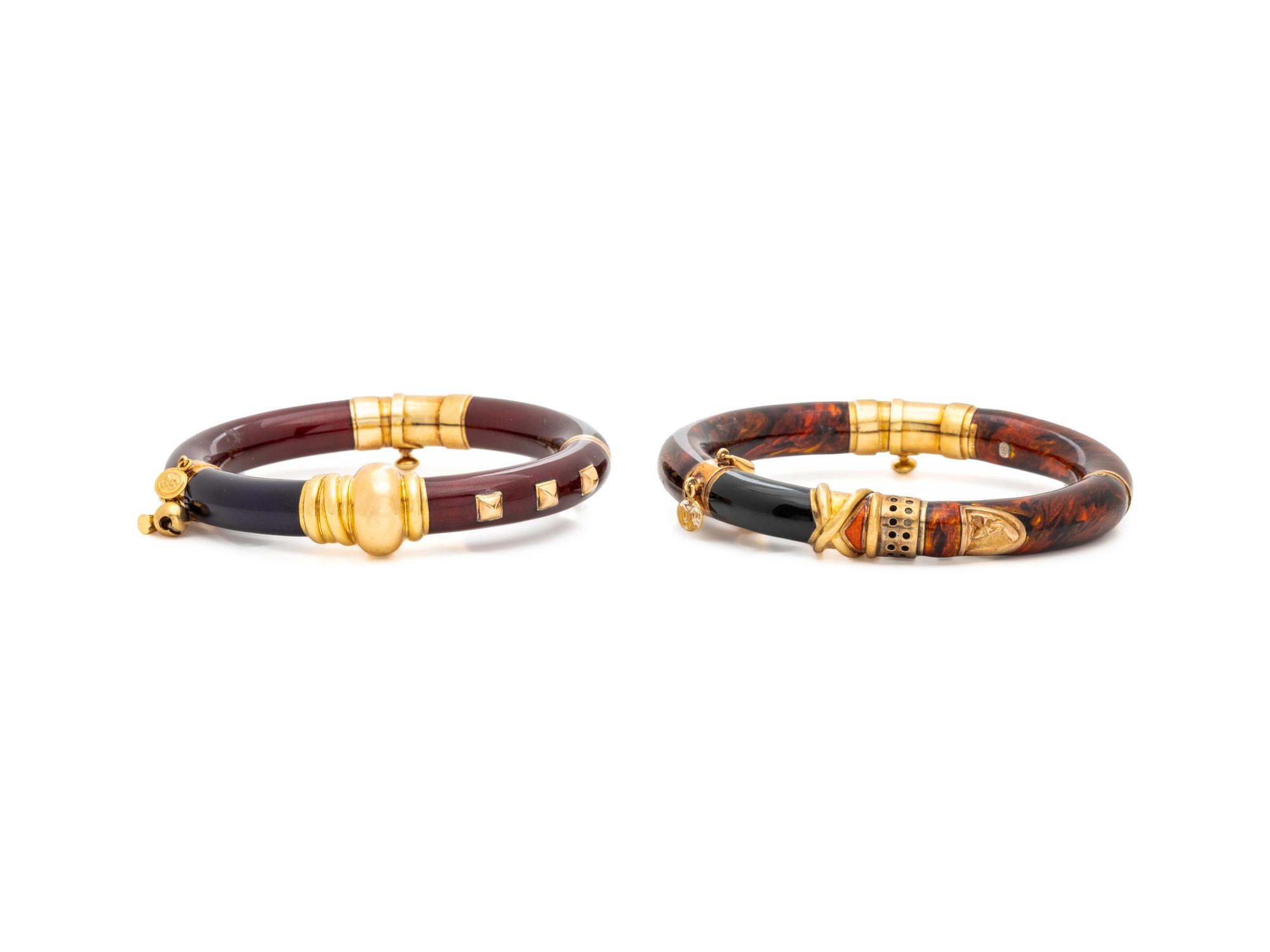 LA NOUVELLE BAGUE, PAIR OF STERLING SILVER, YELLOW GOLD-TOPPED SILVER AND ENAMEL BANGLE BRACELETS