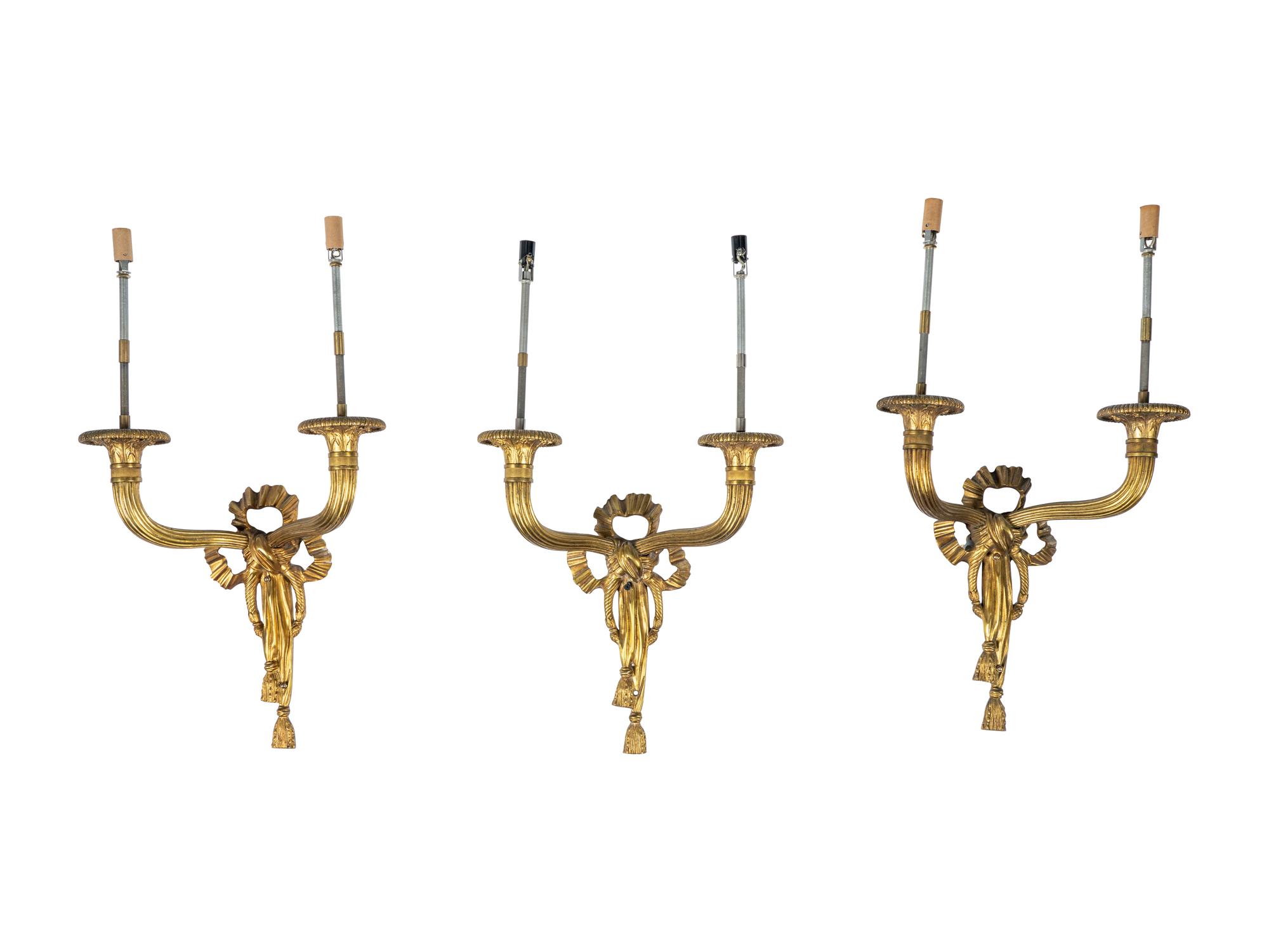 A Set of Six Neoclassical Style Gilt Bronze Two-Light Sconces