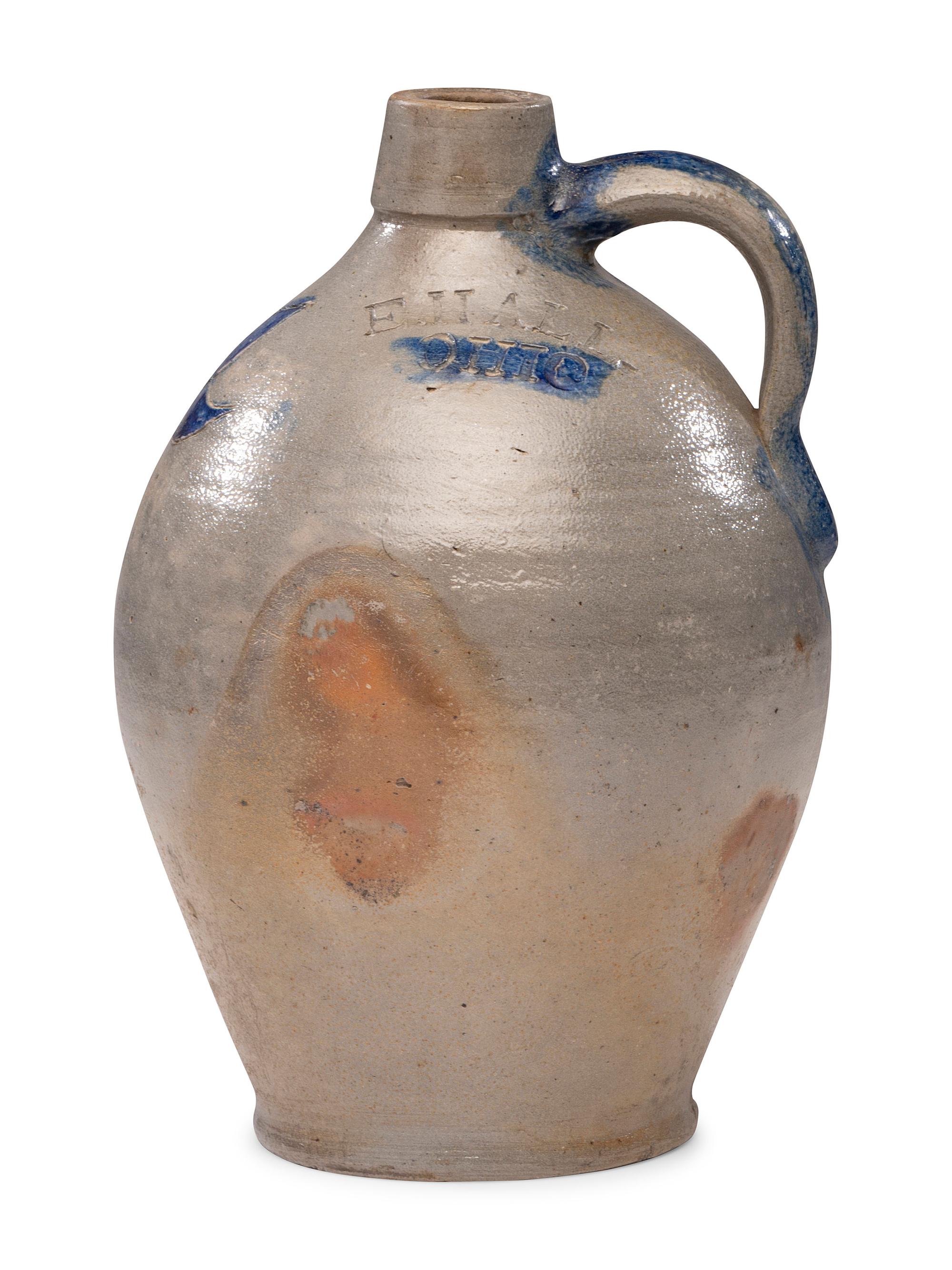 A Rare E. Hall 'Ohio' Cobalt Decorated Stoneware Jug