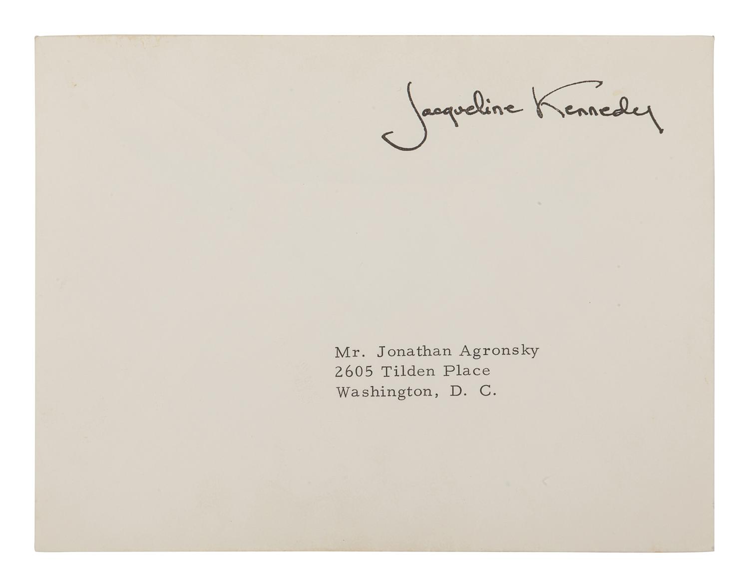 KENNEDY ONASSIS, Jacqueline Bouvier (1929-1994). Typed letter signed (“Jacqueline Kennedy”), to Jonathan Agronsky. N.p., 10 February 1964. 1 page, 8vo, on Mrs. John F. Kennedy stationary with black mourning border, very light creasing.