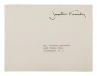 KENNEDY ONASSIS, Jacqueline Bouvier (1929-1994). Typed letter signed (“Jacqueline Kennedy”), to Jonathan Agronsky. N.p., 10 February 1964. 1 page, 8vo, on Mrs. John F. Kennedy stationary with black mourning border, very light creasing.