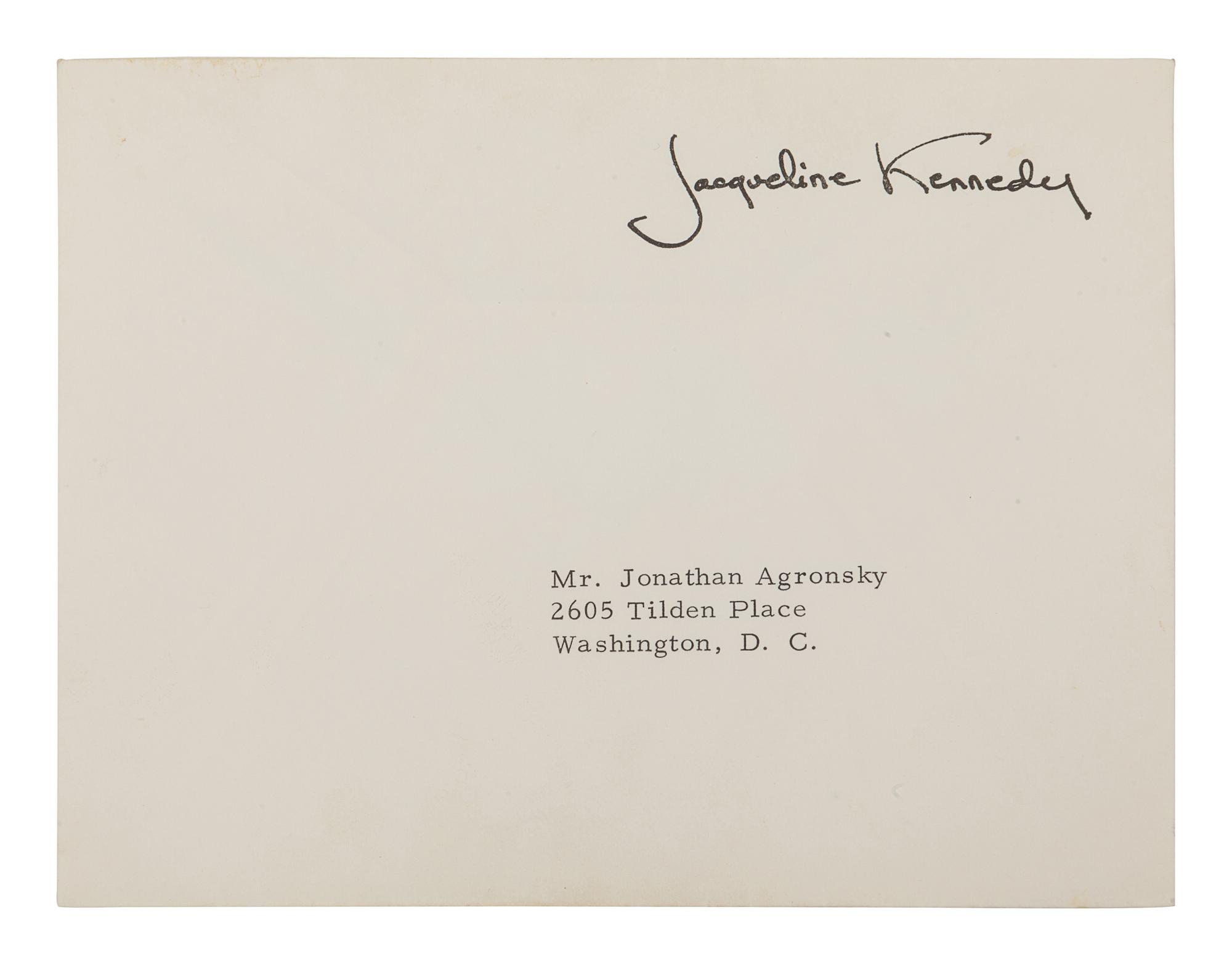 KENNEDY ONASSIS, Jacqueline Bouvier (1929-1994). Typed letter signed (“Jacqueline Kennedy”), to Jonathan Agronsky. N.p., 10 February 1964. 1 page, 8vo, on Mrs. John F. Kennedy stationary with black mourning border, very light creasing.