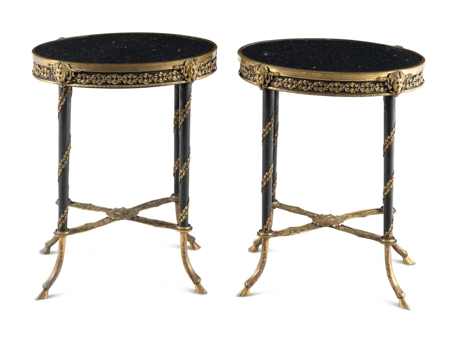 A Pair of French Gilt Bronze, Mahogany and Marble Side Tables