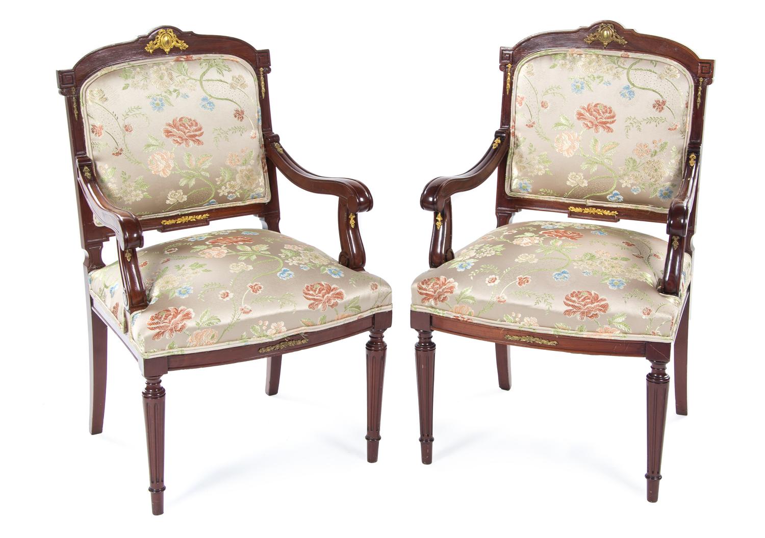 A Pair of Louis XVI Style Gilt Bronze Mounted Mahogany Fauteuils, EARLY 20TH CENTURY, Height 39 1/2. — EARLY 20TH CENTURY,