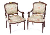 A Pair of Louis XVI Style Gilt Bronze Mounted Mahogany Fauteuils, EARLY 20TH CENTURY, Height 39 1/2. — EARLY 20TH CENTURY,