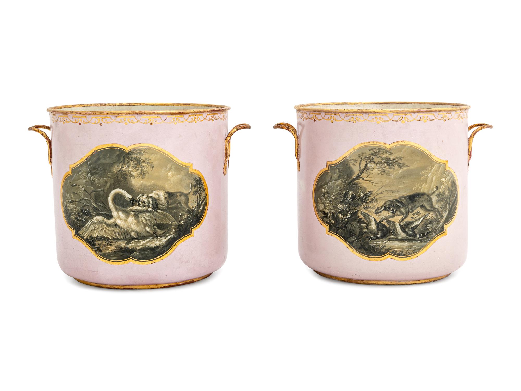 A Pair of French Tôle Peinte Cache Pots