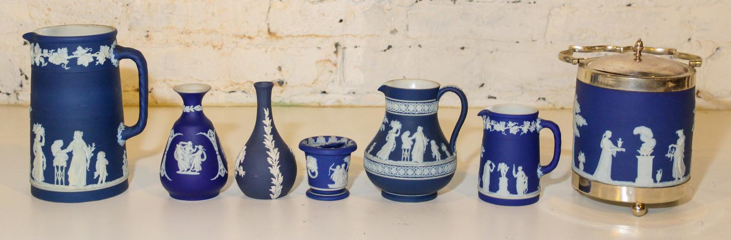 Seven Wedgwood Jasperware Articles Height of tallest overall 10 1/4 inches.