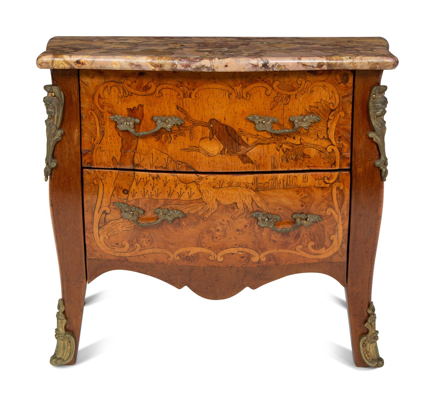A Diminutive Louis XV Style Marquetry Marble-Top Commode