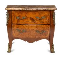 A Diminutive Louis XV Style Marquetry Marble-Top Commode