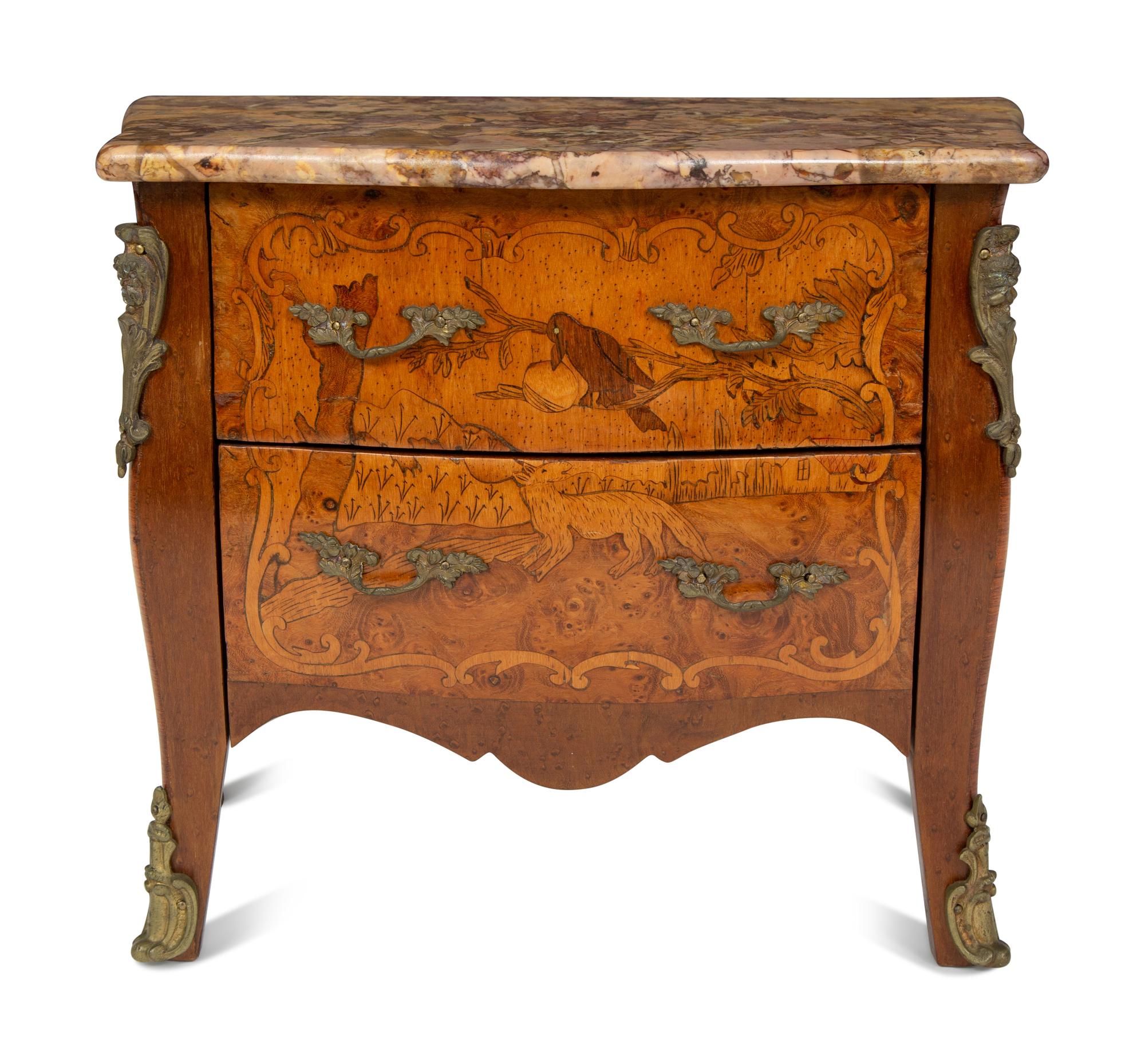 A Diminutive Louis XV Style Marquetry Marble-Top Commode