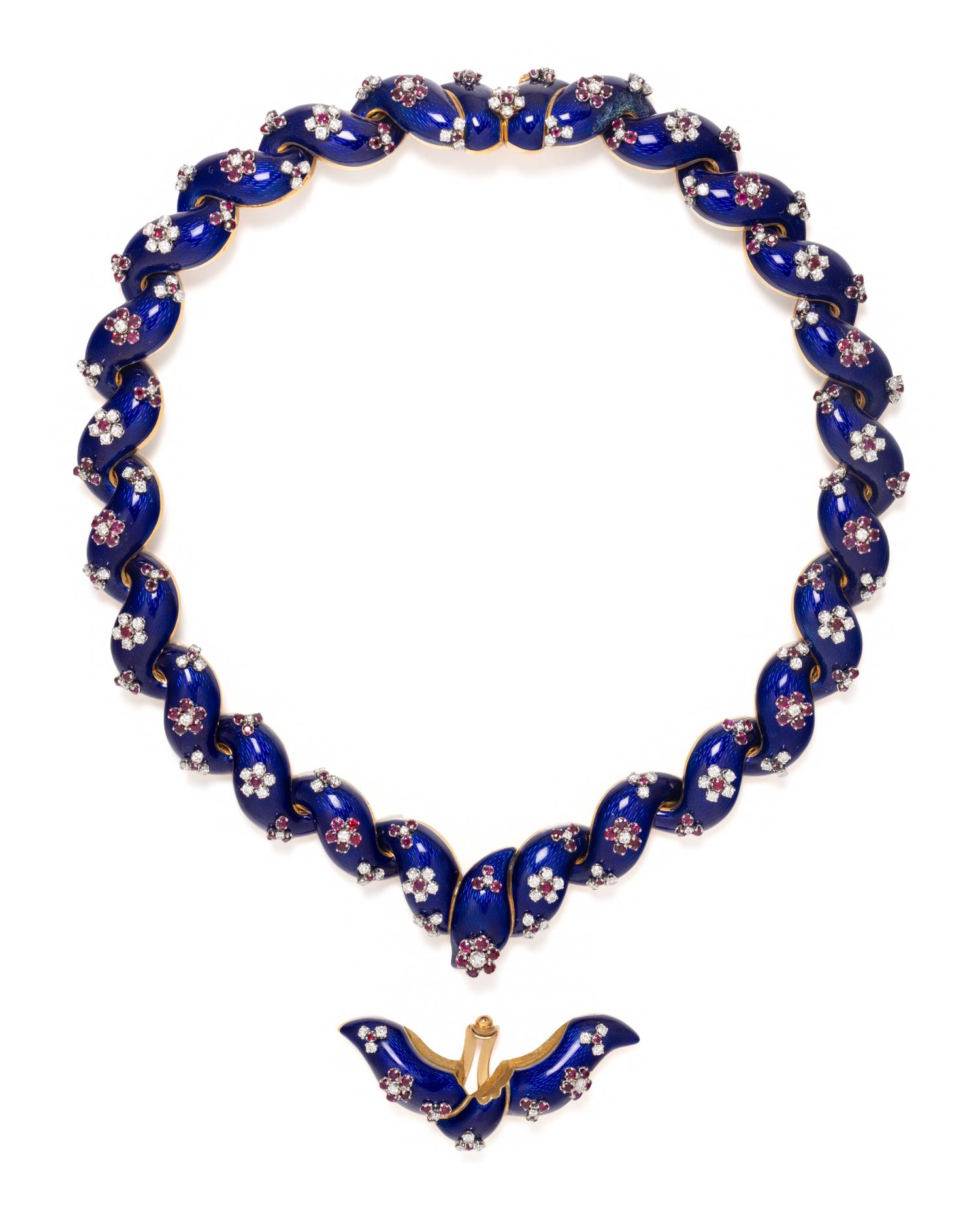DIAMOND, RUBY AND GUILLOCHÉ ENAMEL PARURE