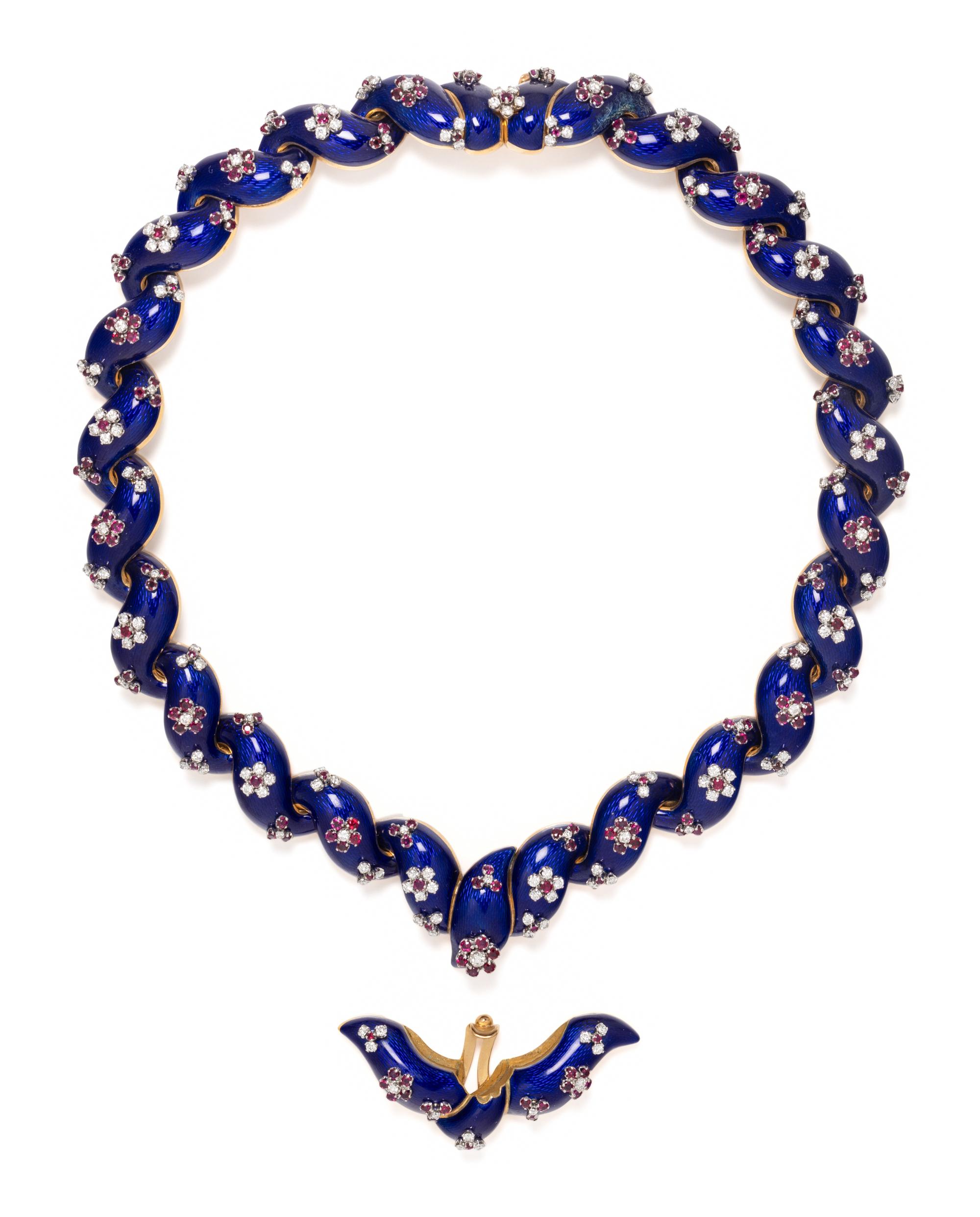 DIAMOND, RUBY AND GUILLOCHÉ ENAMEL PARURE