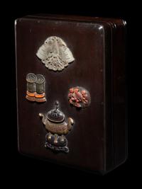 A Chinese Jade, Hardstone and Bronze Inset Lacquered Wood Covered Box