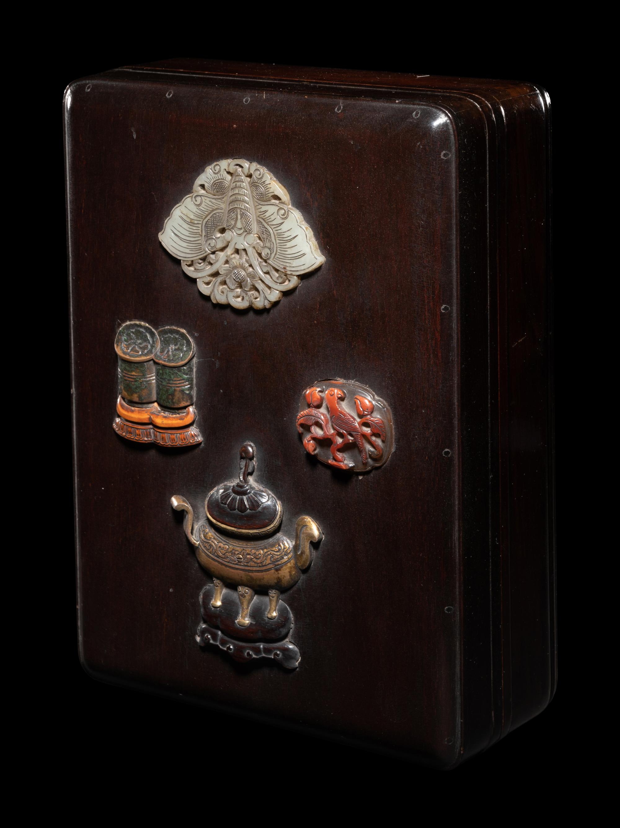 A Chinese Jade, Hardstone and Bronze Inset Lacquered Wood Covered Box