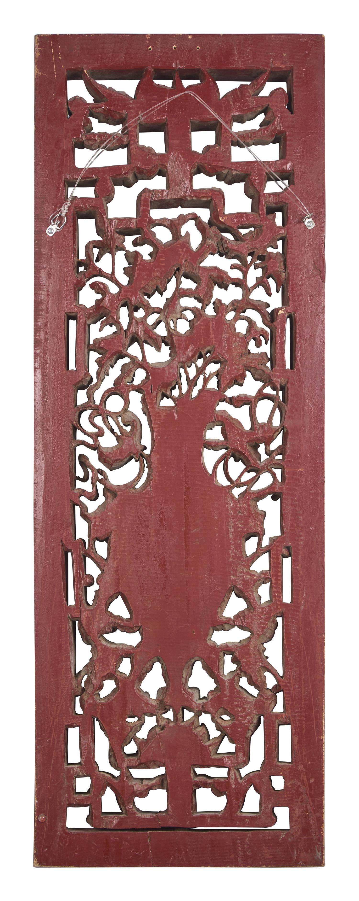 A Pair of Chinese Carved and Lacquered Wood Openwork Panels, Qing Dynasty 清 木雕花卉圖掛屏一對