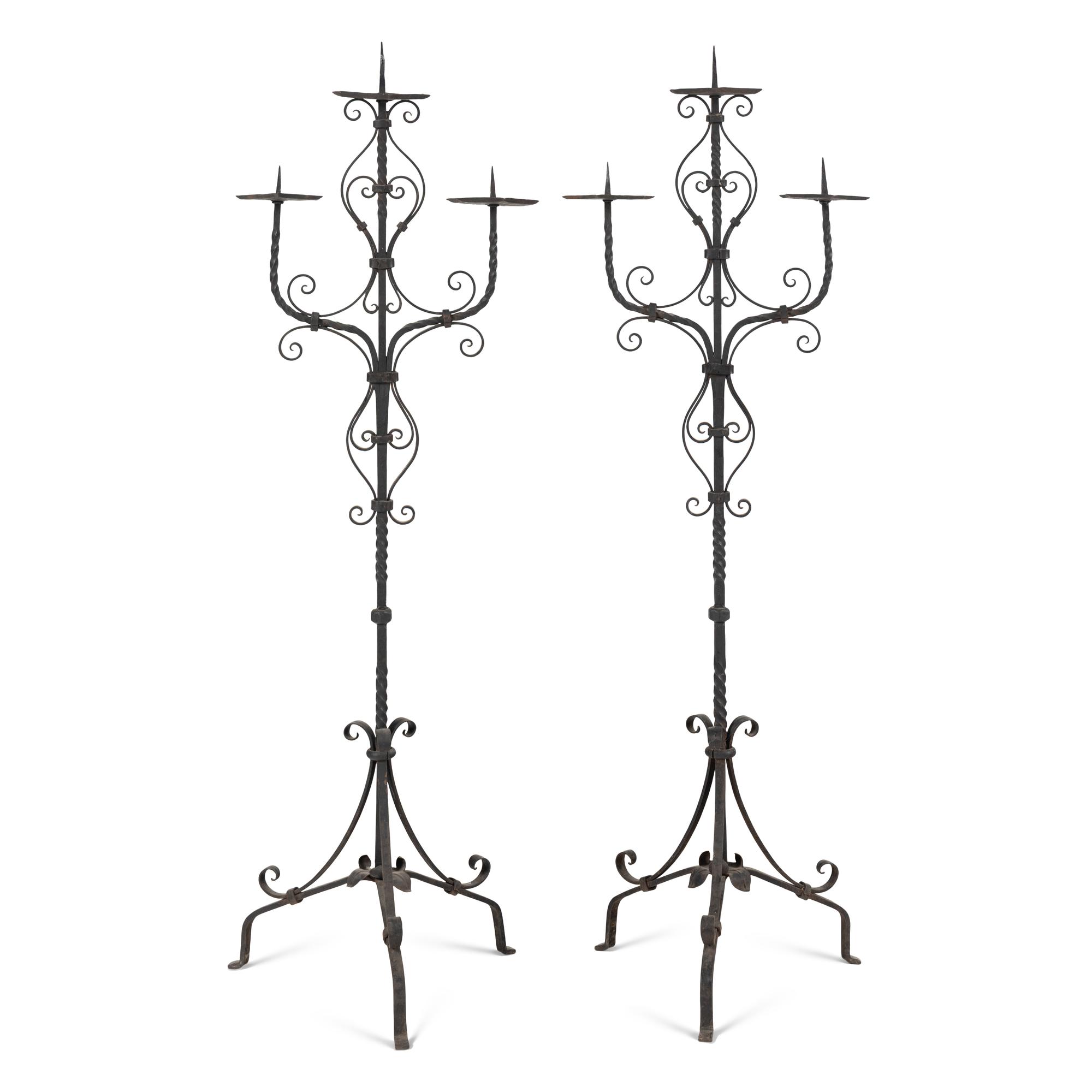 A Pair of Wrought Iron Three-Light Torchères