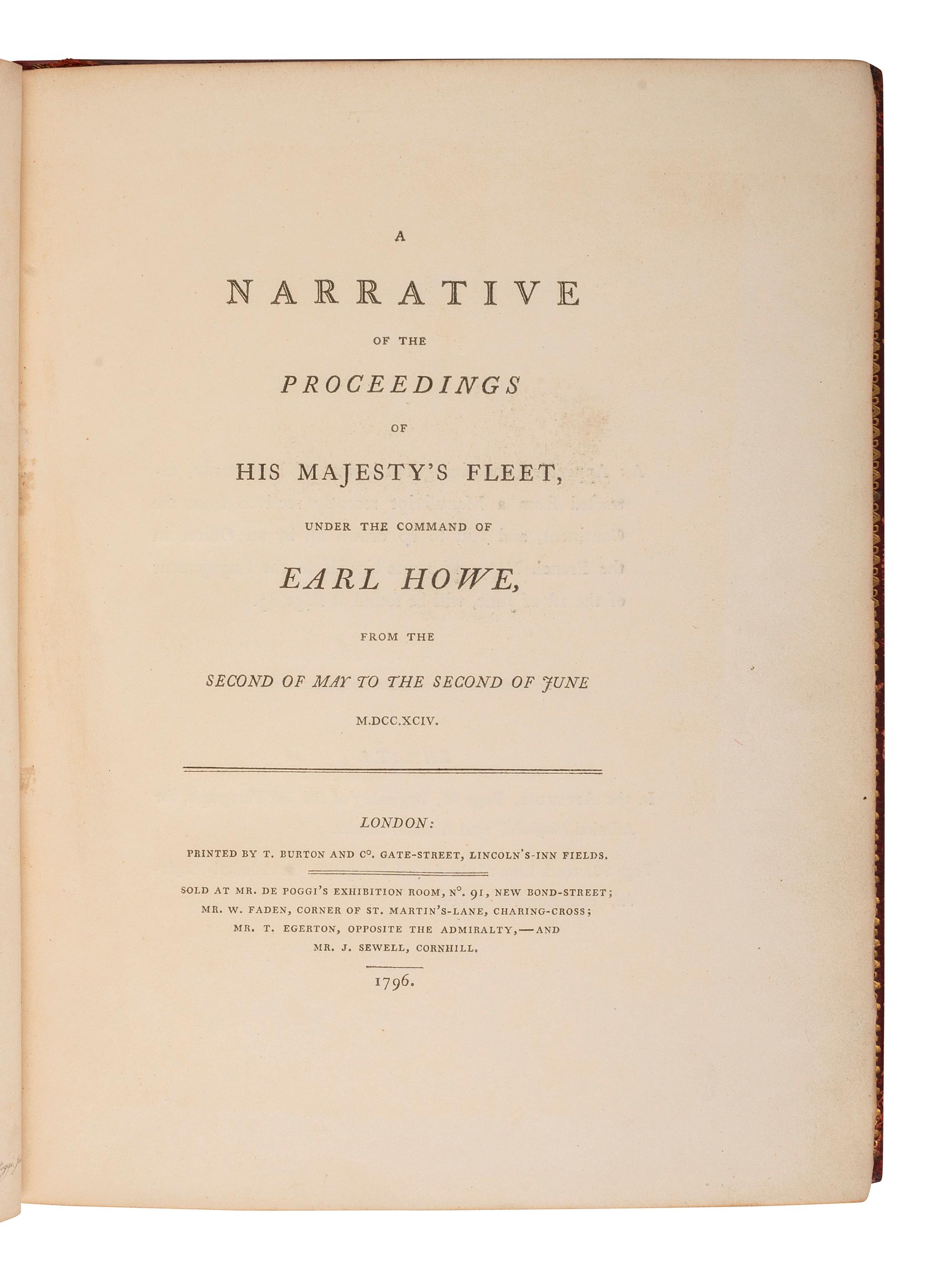 [REVOLUTIONARY WAR NAVAL BATTLE]. A Narrative of the Proceedings of His Majesty's Fleet, under the Command of Earl Howe . London: T. Burton, 1796.