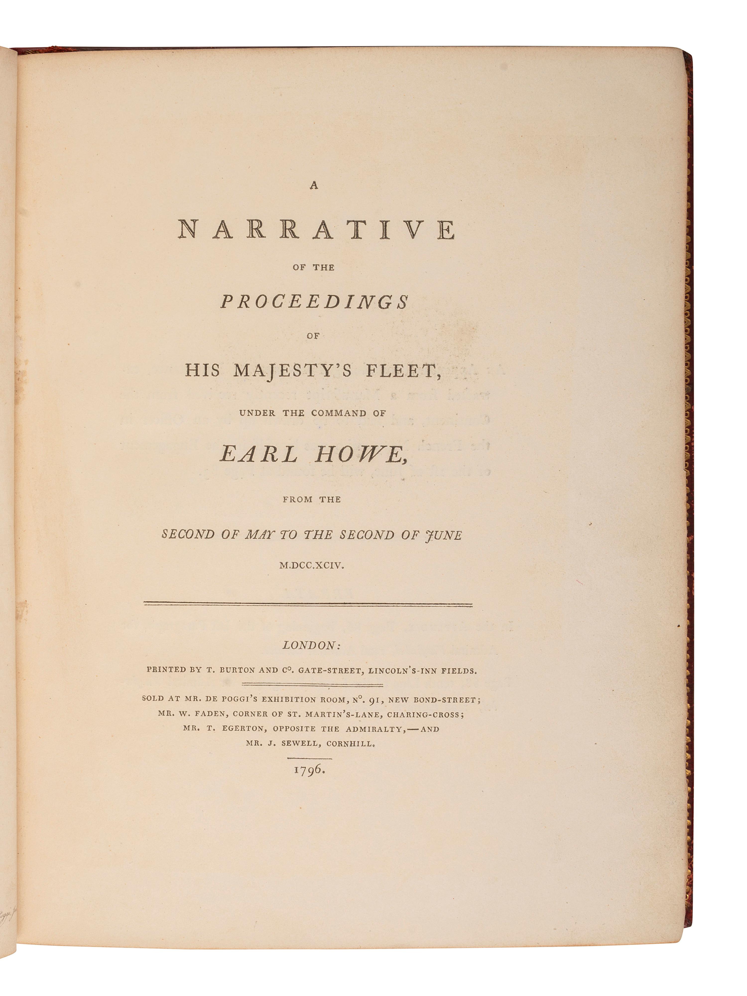 [REVOLUTIONARY WAR NAVAL BATTLE]. A Narrative of the Proceedings of His Majesty's Fleet, under the Command of Earl Howe . London: T. Burton, 1796.