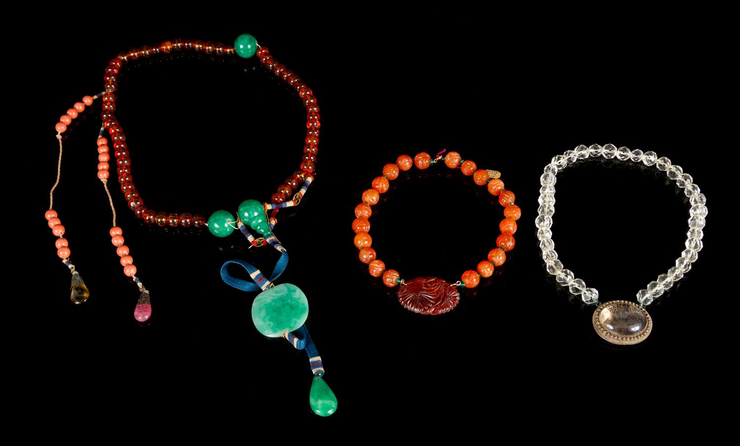 Three Hardstone and Glass Necklaces Length of longest 41 1/4 inches. — 19TH-20TH CENTURY