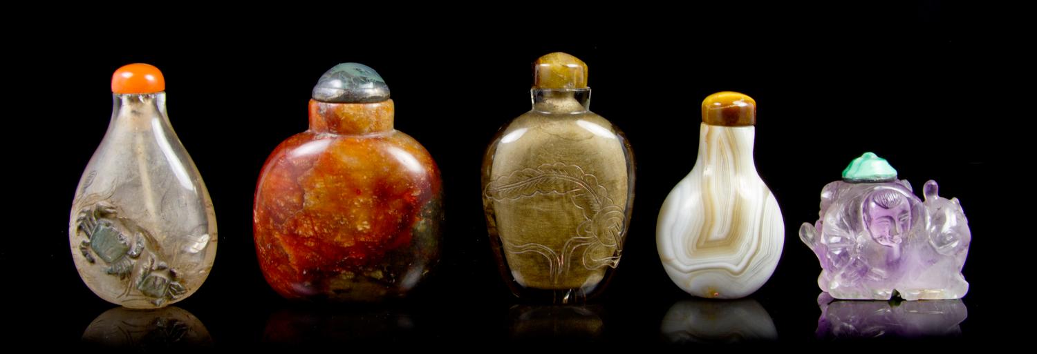 A Group of Five Snuff Bottles Height of tallest 2 3/8 inches.