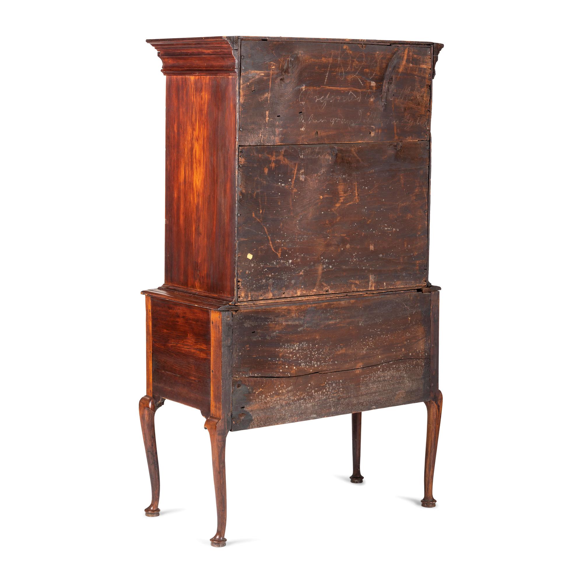 A Queen Anne Cherrywood and Maple Flat Top High Chest with Cornice Drawer