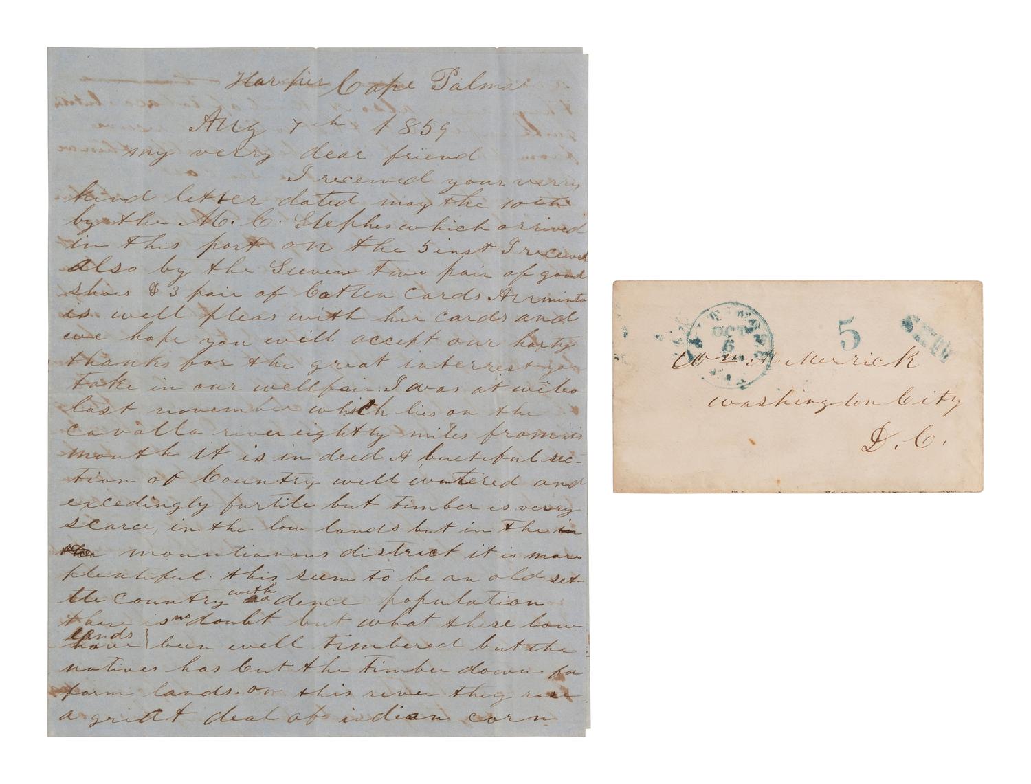 [LIBERIA]. COX, James. ALS describing cannibalism. Harper, Cape Palmas, 7 Aug 1859.