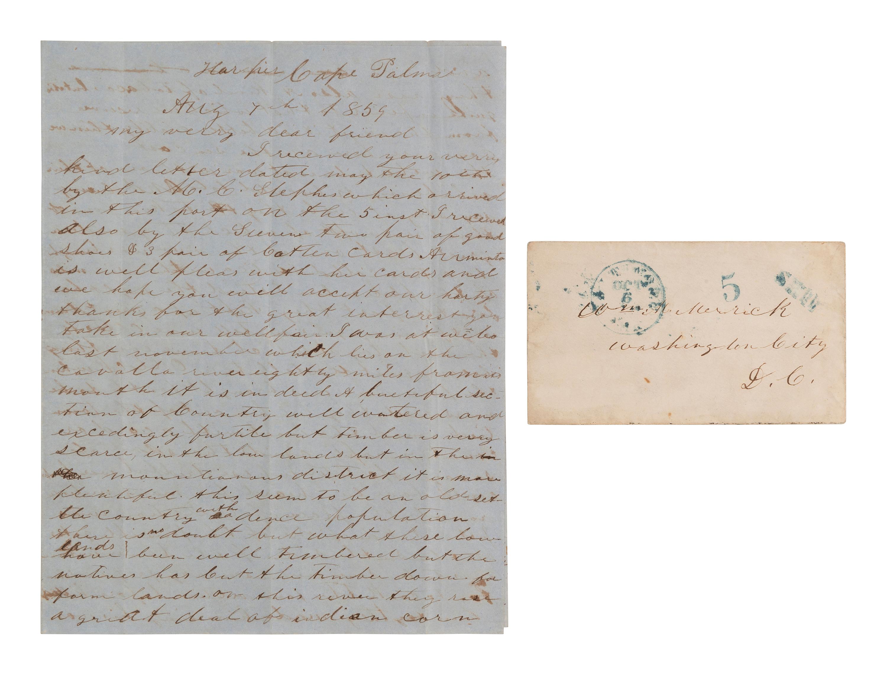 [LIBERIA]. COX, James. ALS describing cannibalism. Harper, Cape Palmas, 7 Aug 1859.