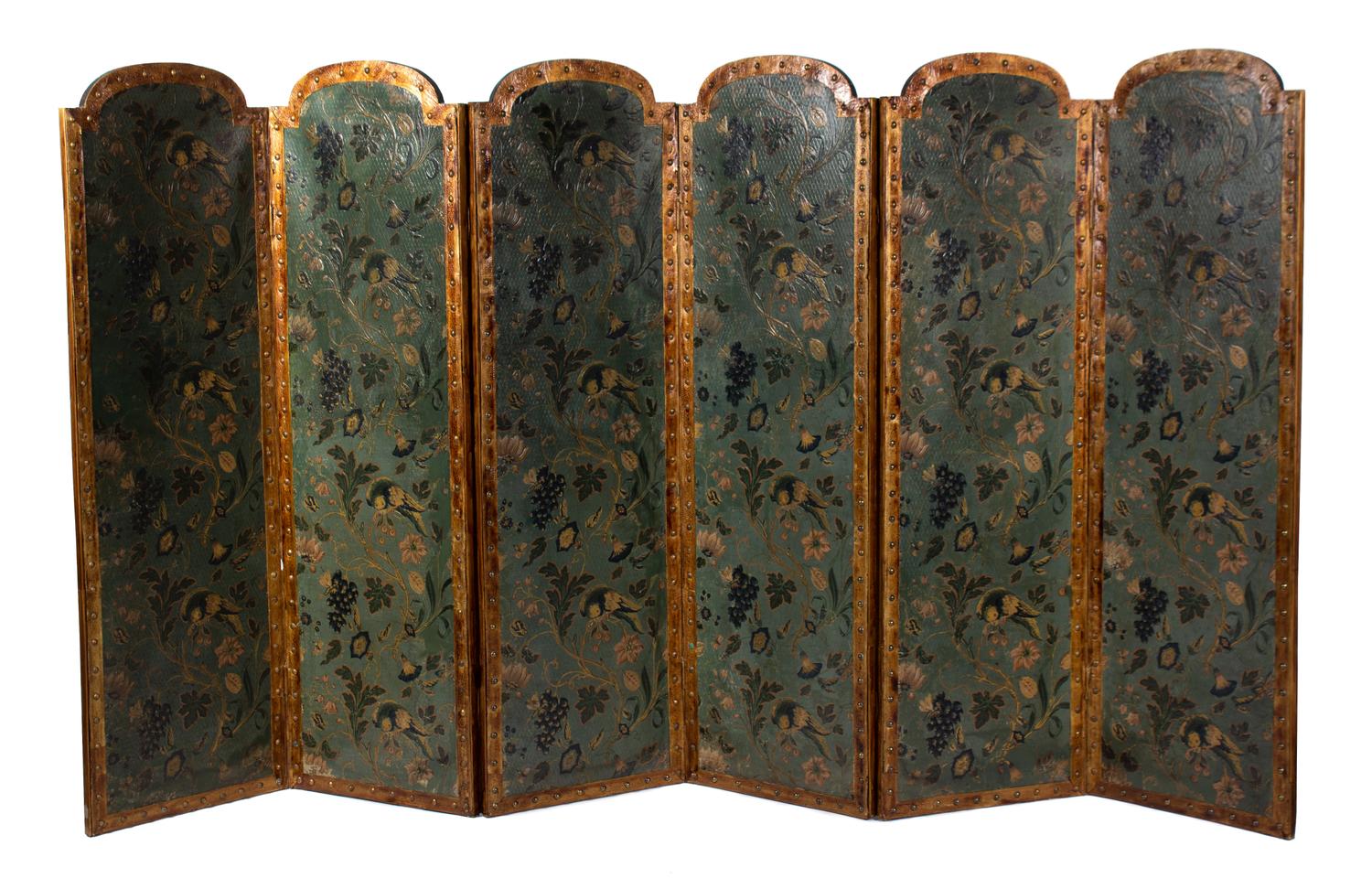 A Continental Embossed and Polychromed Leather Six-Fold Floor Screen