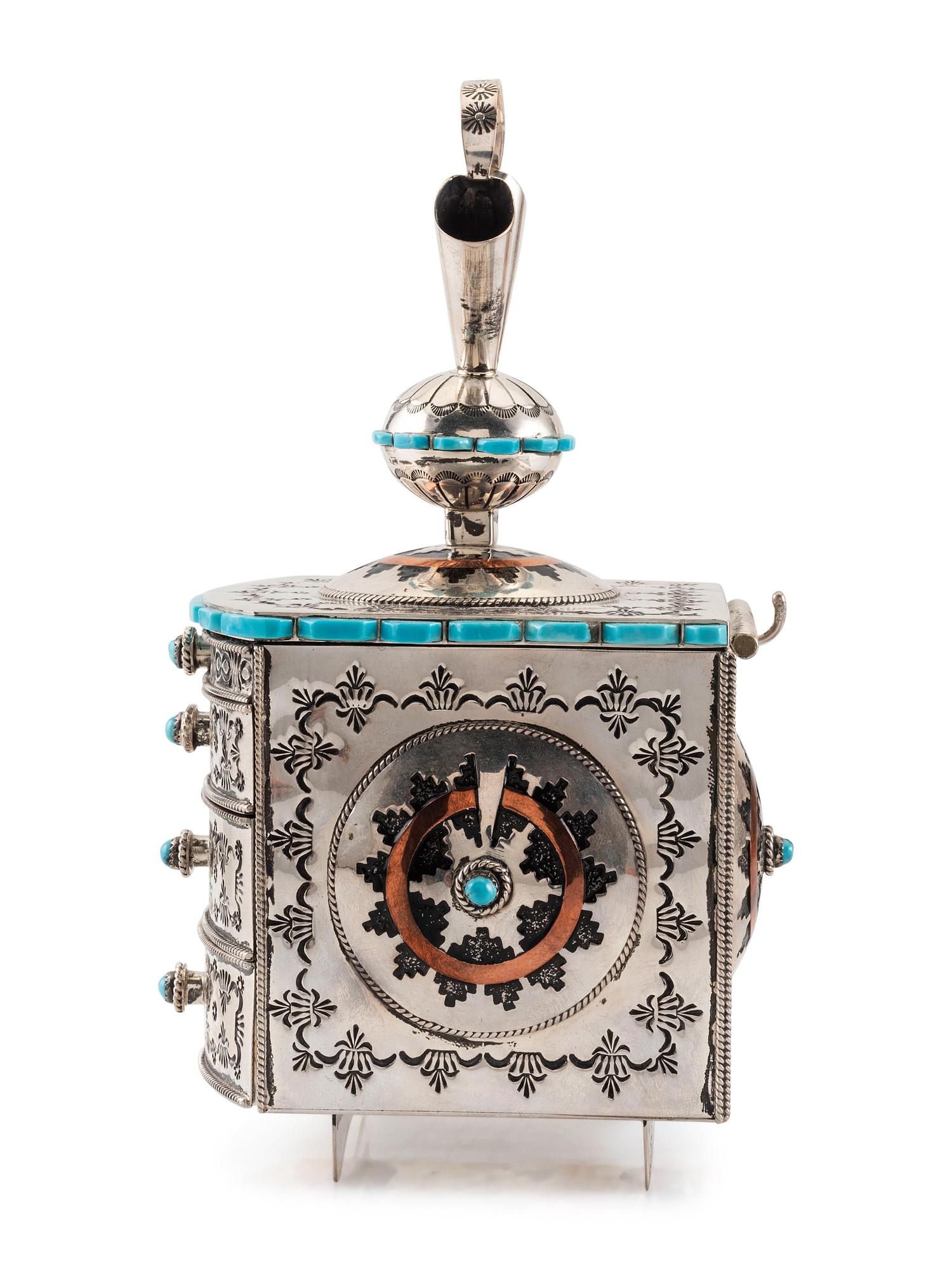 Heavily Stamped Sterling Silver Jewelry Box, Set with Turquoise