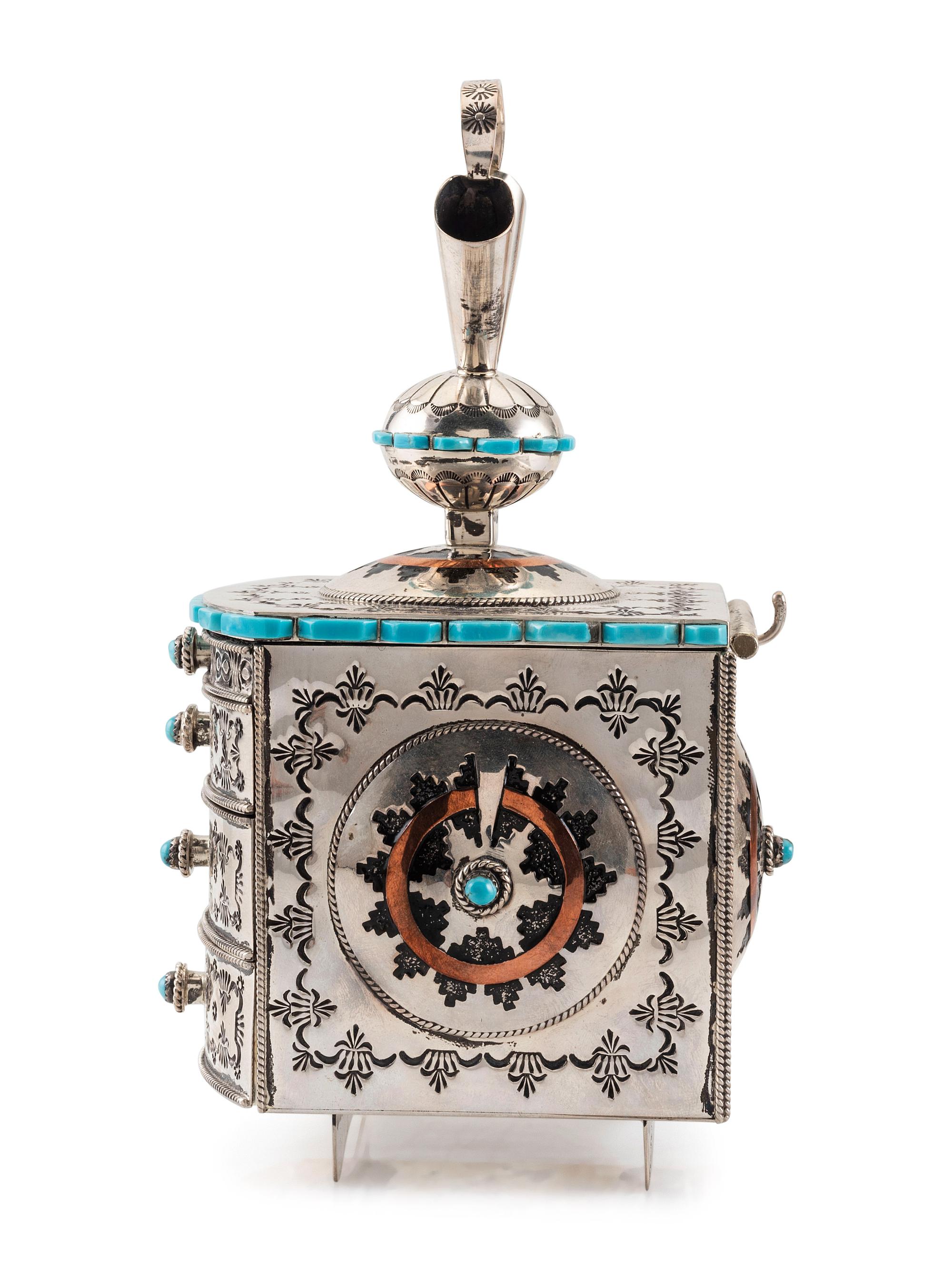 Heavily Stamped Sterling Silver Jewelry Box, Set with Turquoise