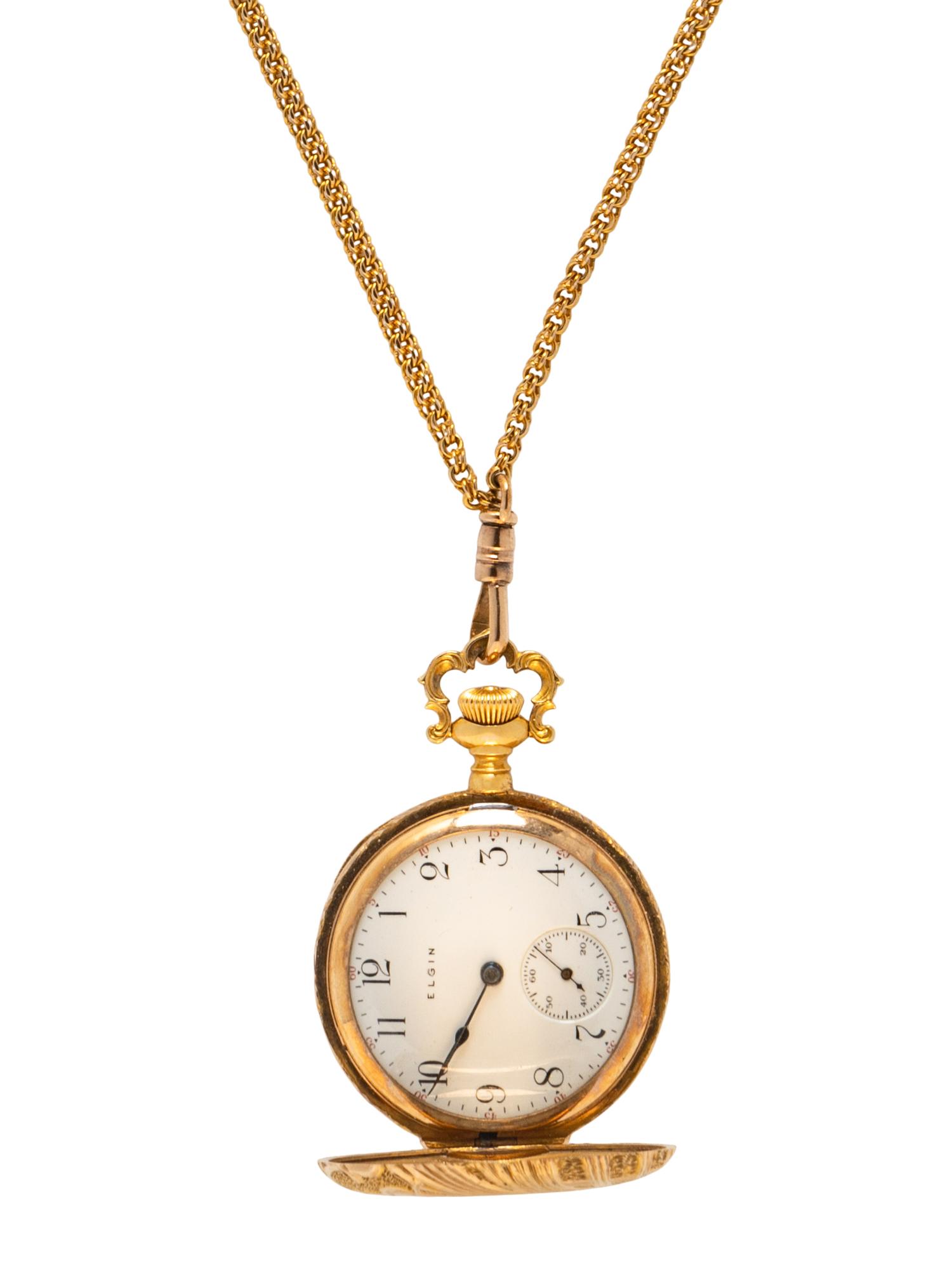 ELGIN, YELLOW GOLD POCKET WATCH WITH WATCH CHAIN AND LAPEL PIN