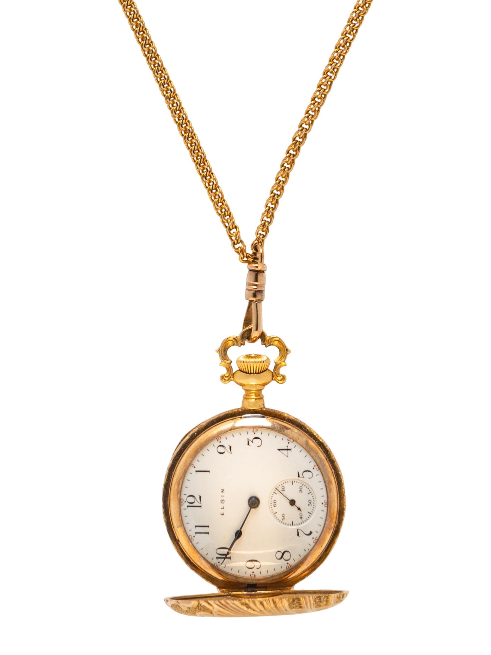 ELGIN, YELLOW GOLD POCKET WATCH WITH WATCH CHAIN AND LAPEL PIN