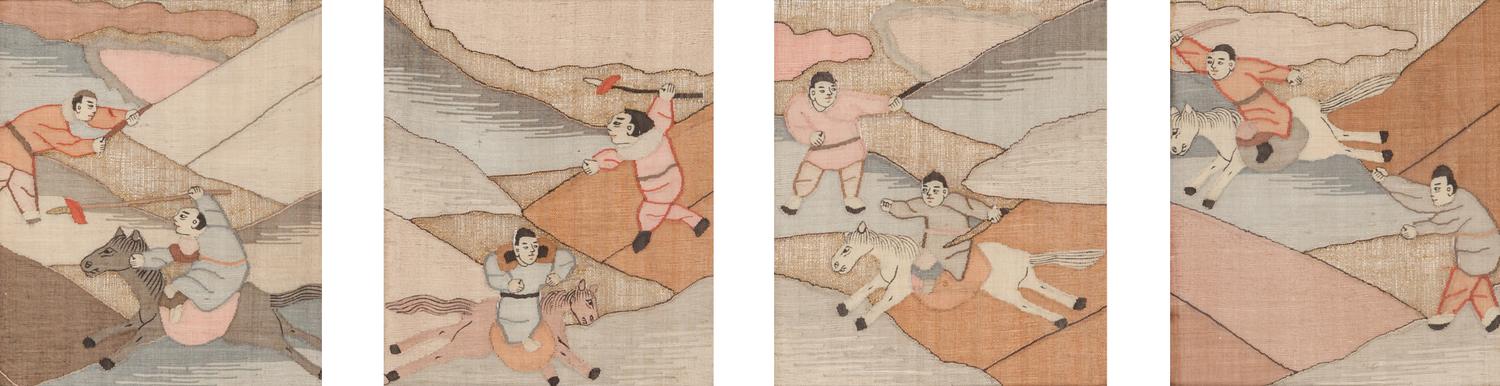 Eight Chinese Cream Ground Kesi Woven Silk Panels
