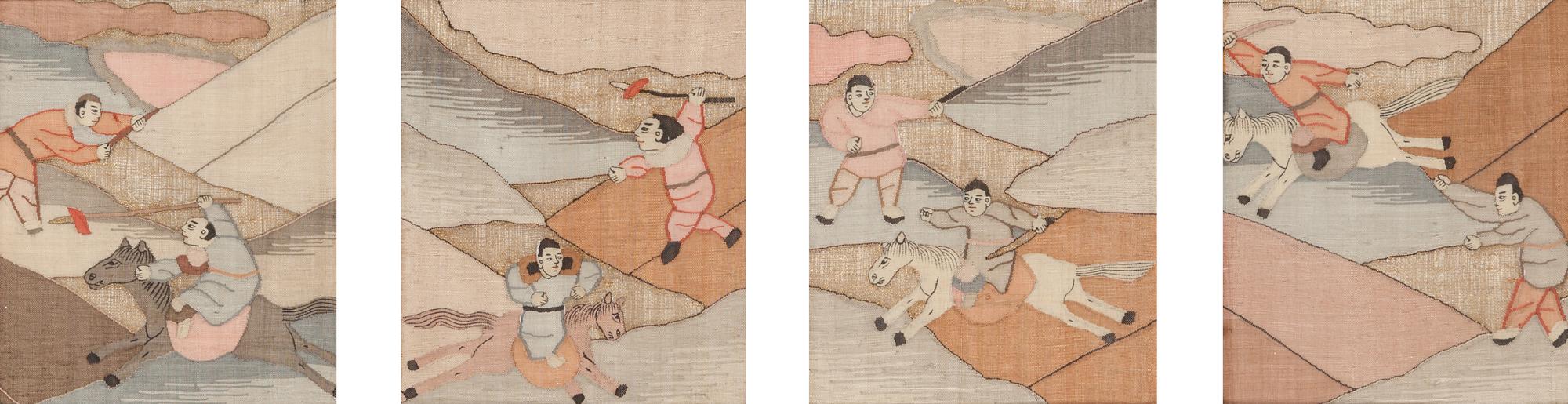 Eight Chinese Cream Ground Kesi Woven Silk Panels