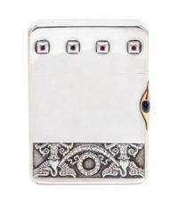 A Russian Ruby and Sapphire Inset Silver Cigarette Case, Mark of Faberge with Imperial warrant, Moscow, 20th century, the lid worked to