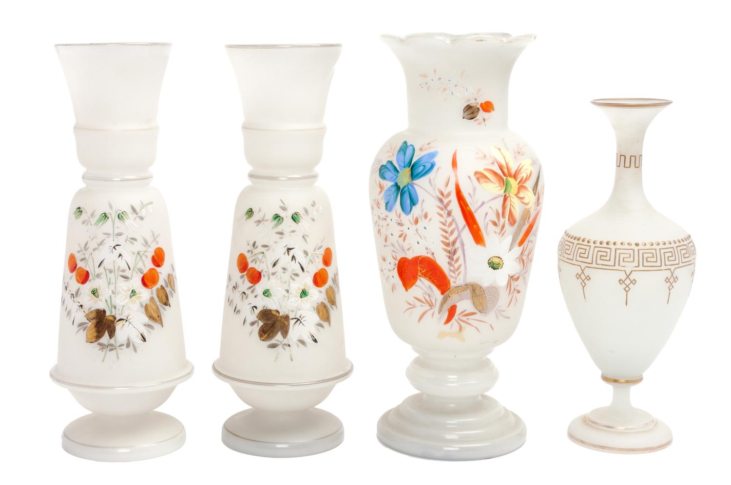 A Collection of Three Enamel Glass Vases Height of tallest 14 inches.