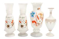 A Collection of Three Enamel Glass Vases Height of tallest 14 inches.
