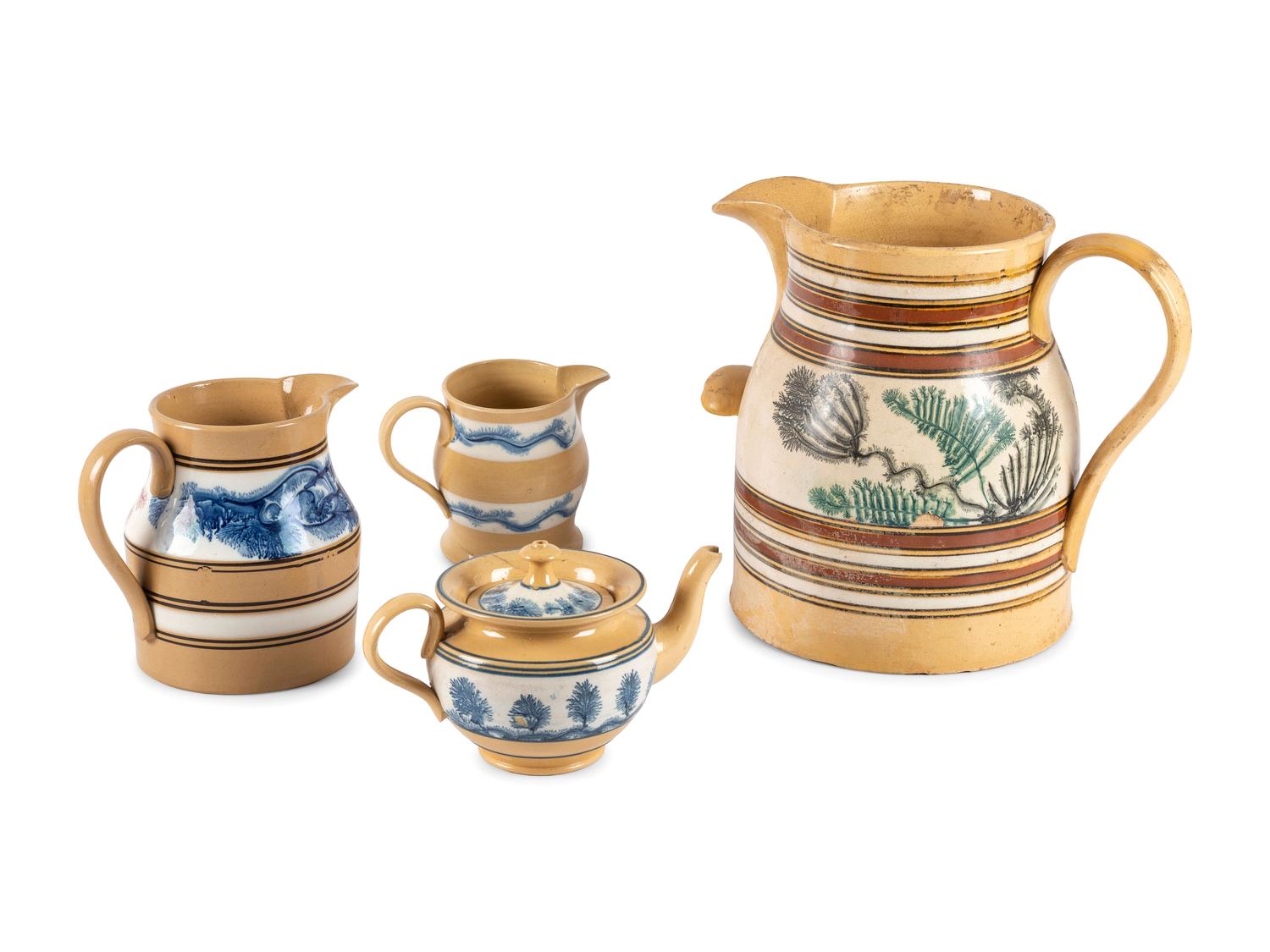 Six Pieces of Seaweed-Decorated Yellowware