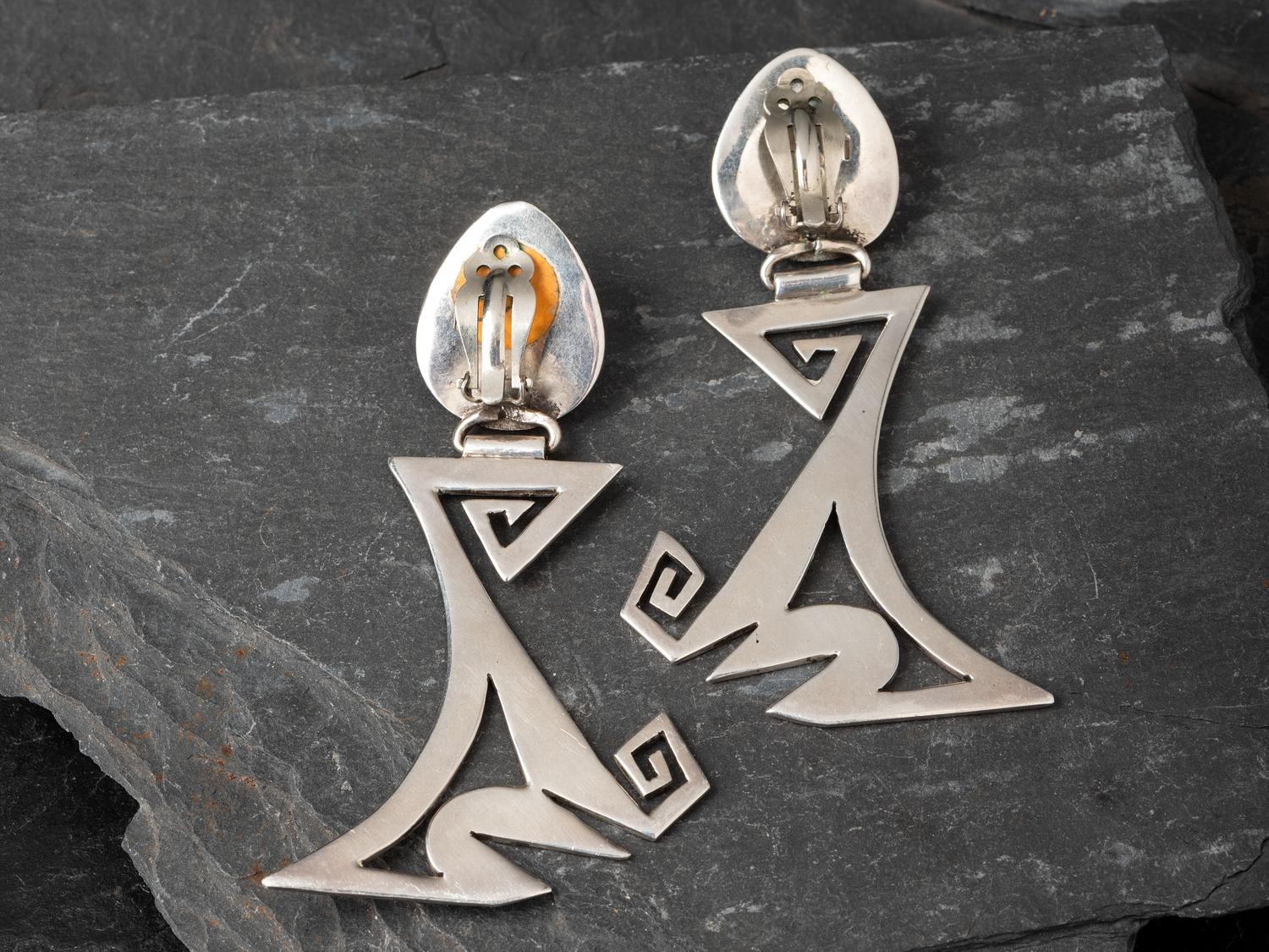 Award Winning Large Silver and Turquoise Abstract Coyote Clip Earrings